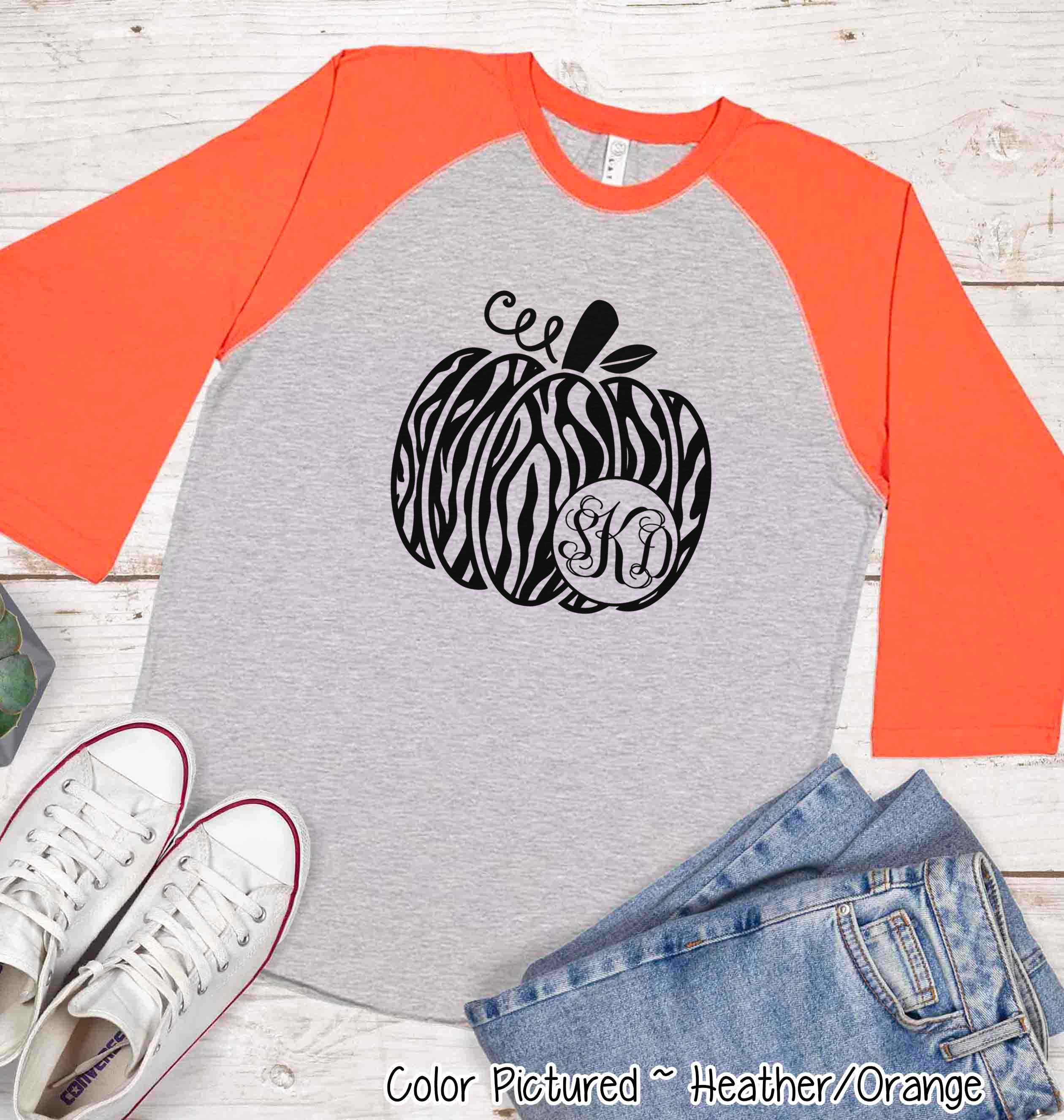 Monogram Zebra Print Fall Pumpkin Raglan Tee