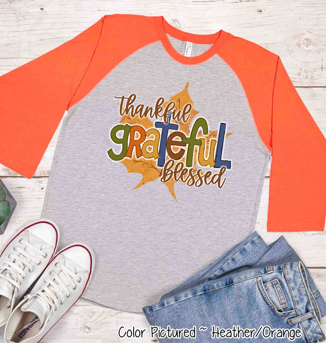 Thankful, Grateful, Blessed Fall Leaf Raglan Tee
