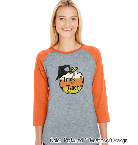 Trick or Teach Candy Corn Apple Halloween Teacher Raglan Shirt