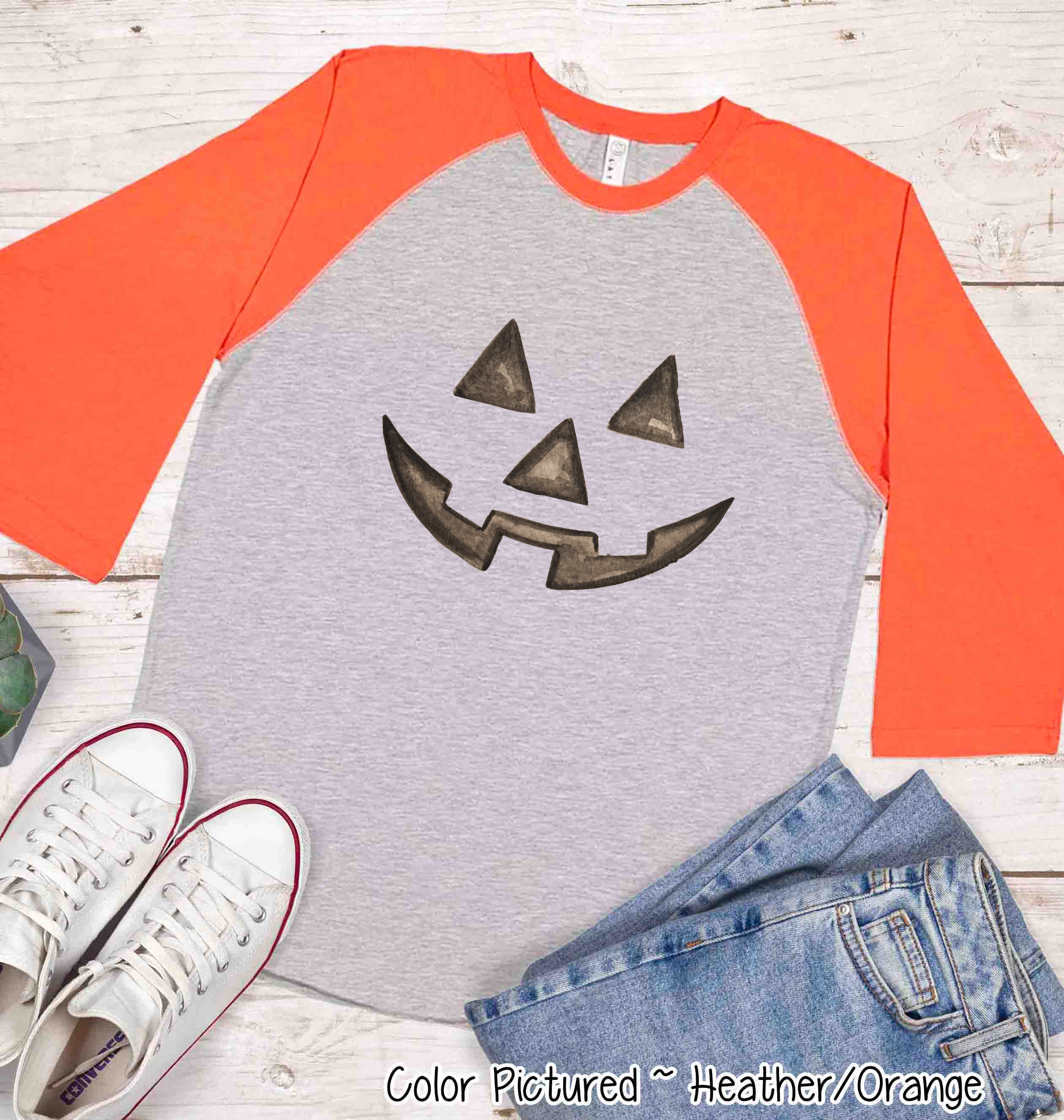 Watercolor Jack O Lantern Pumpkin Face Raglan Shirt