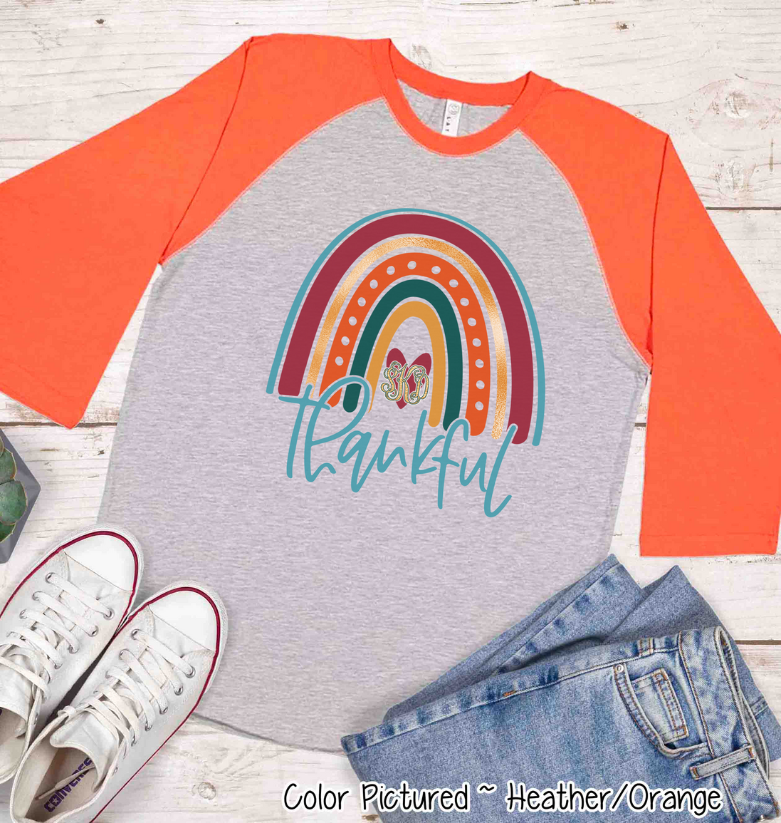 Thankful Fall Rainbow Monogram Raglan Tee