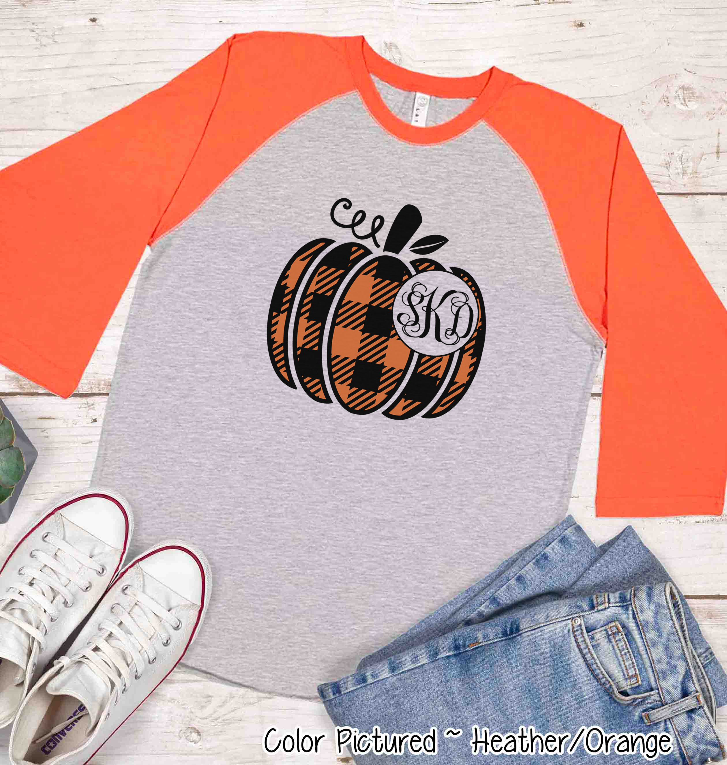 Orange & Black Plaid Monogram Pumpkin Raglan Tee