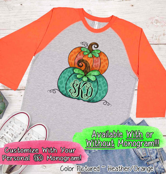 Orange & Green Leopard Stacked Pumpkin Monogram Raglan Tee