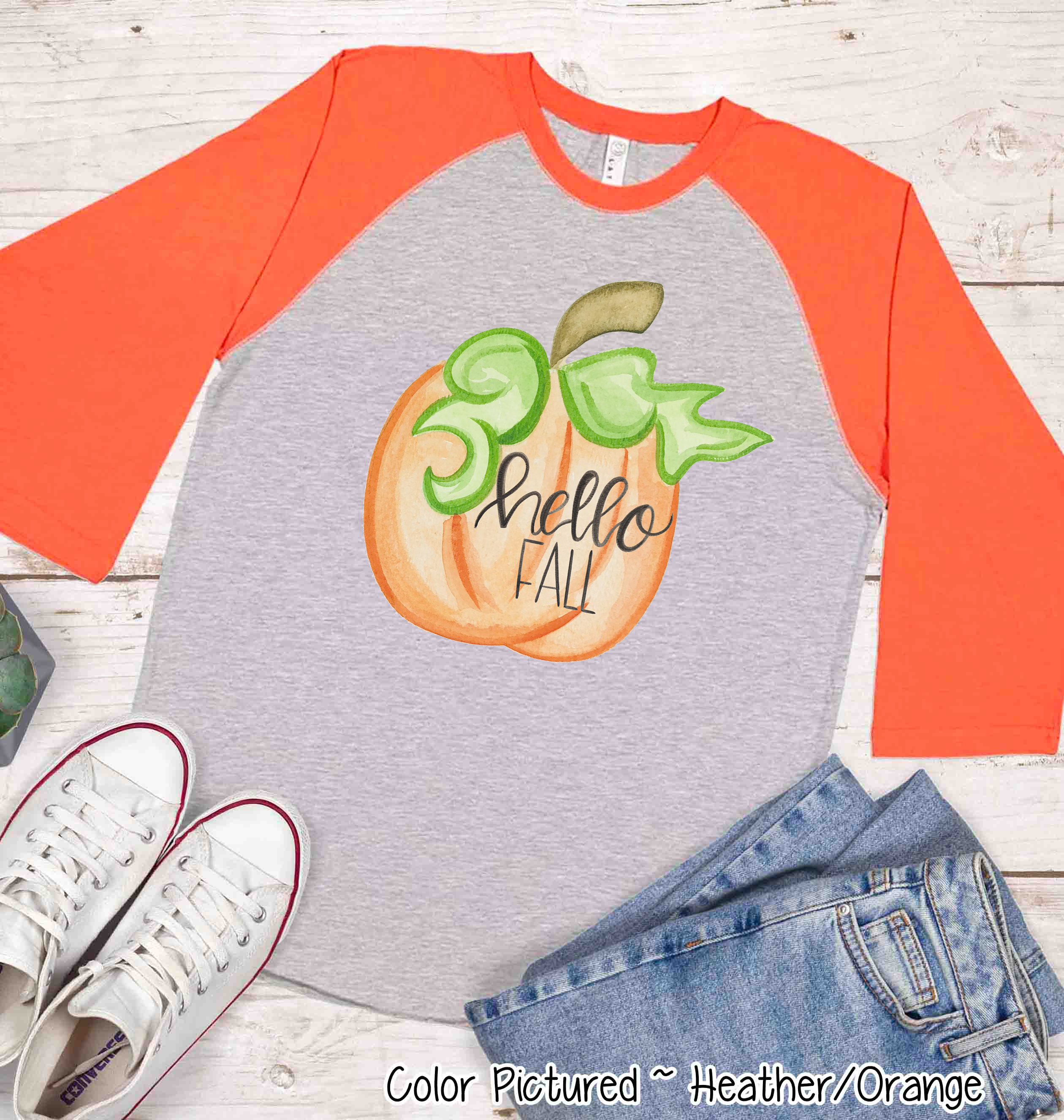 Hello Fall Watercolor Pumpkin Raglan Tee