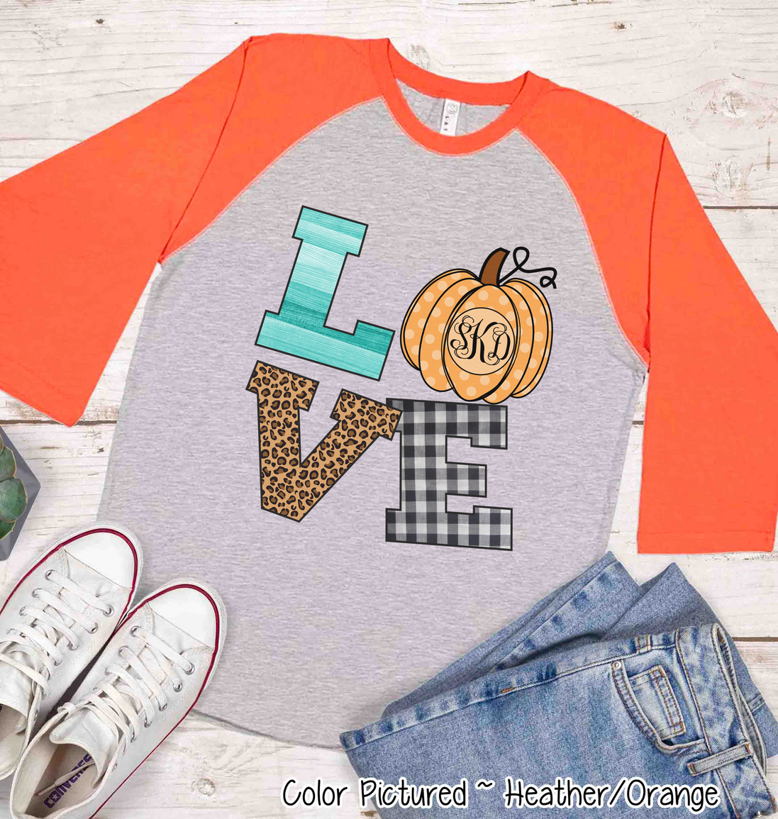LOVE Pumpkin Monogram Fall Raglan Tee