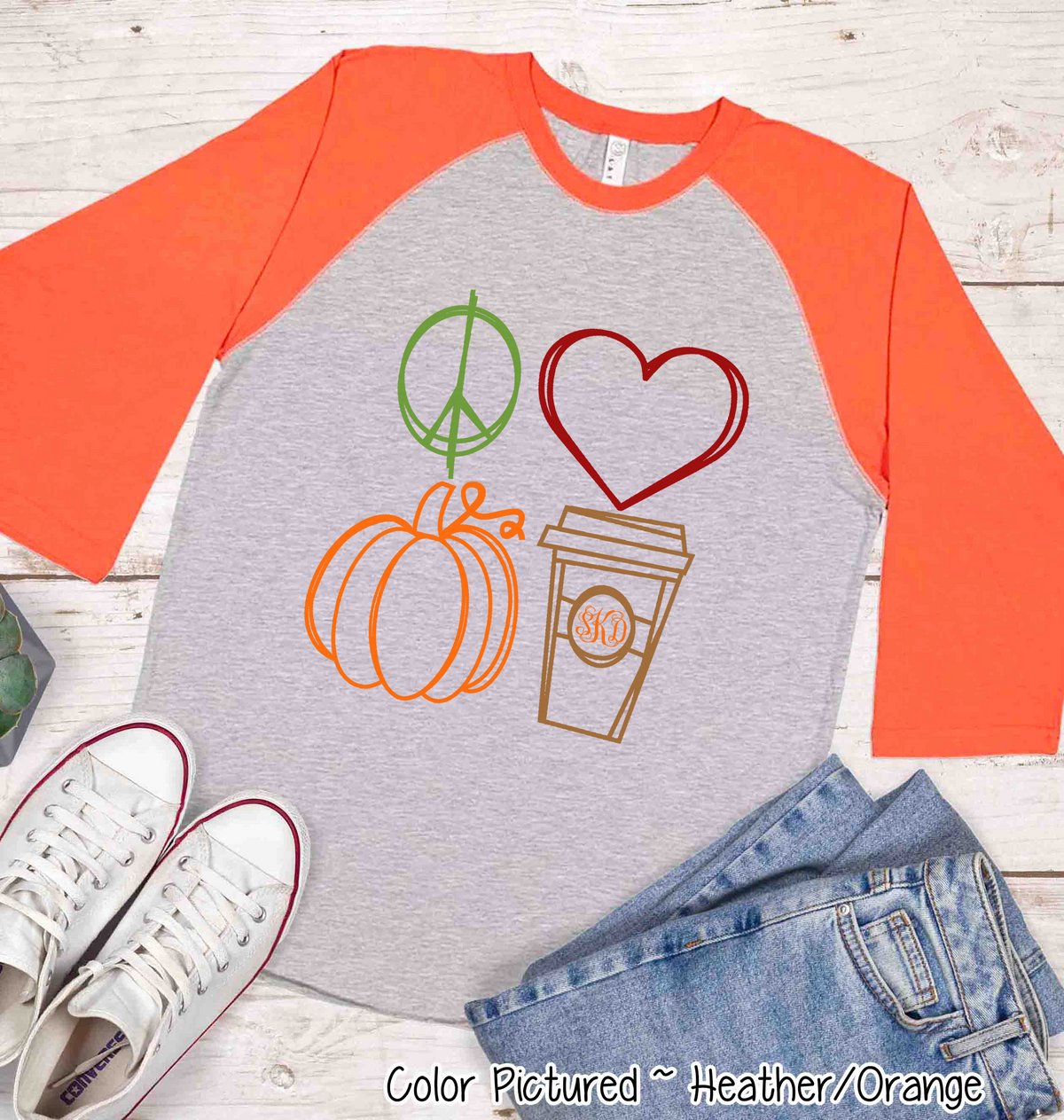 Peace Love Pumpkin Latte Monogram Fall Raglan Tee