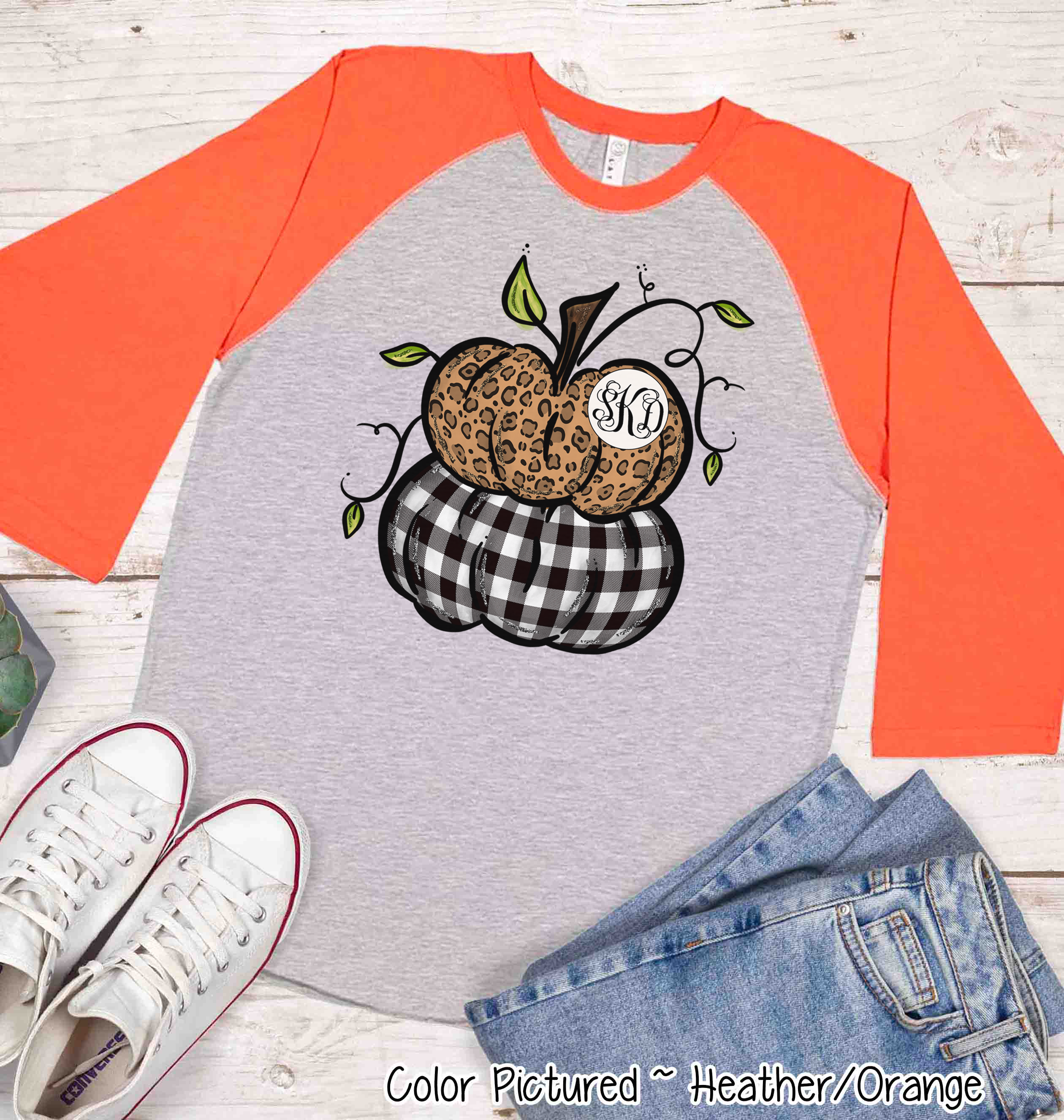 Leopard & Black Plaid Stacked Monogram Pumpkins Raglan Tee