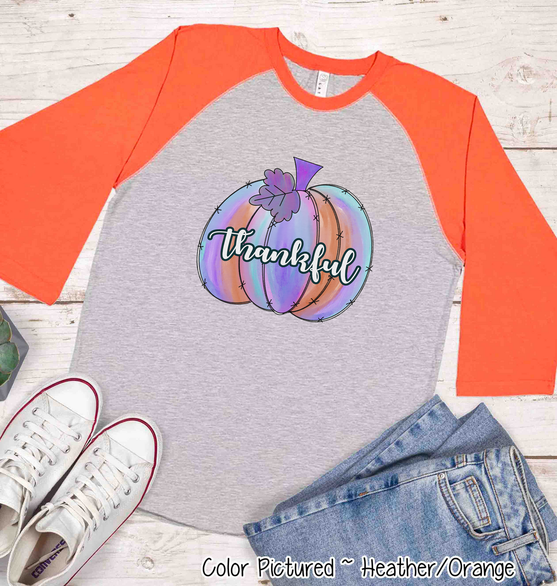 Purple Watercolor Thankful Pumpkin Raglan Tee