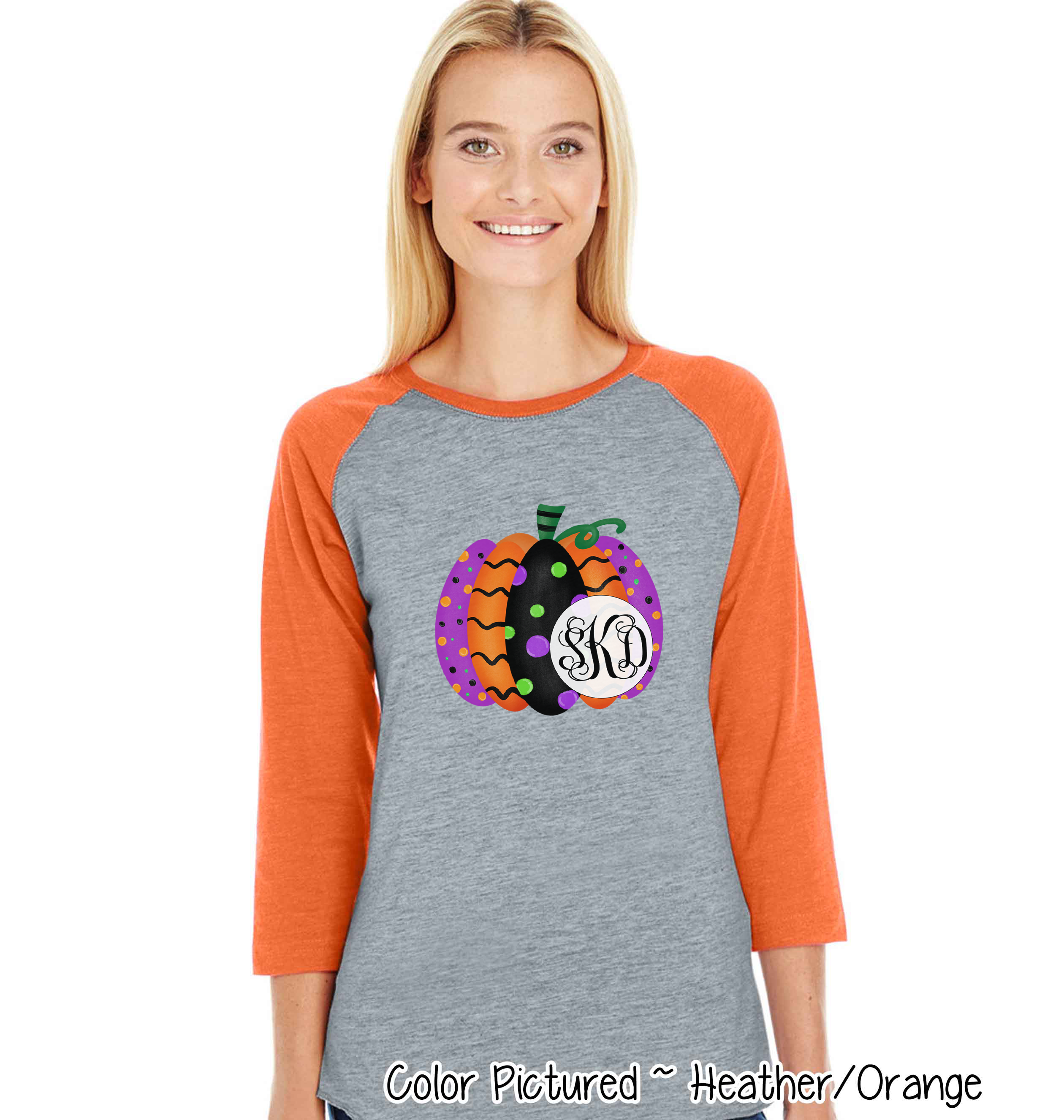 Monogrammed Colorful Halloween Pumpkin Raglan Shirt