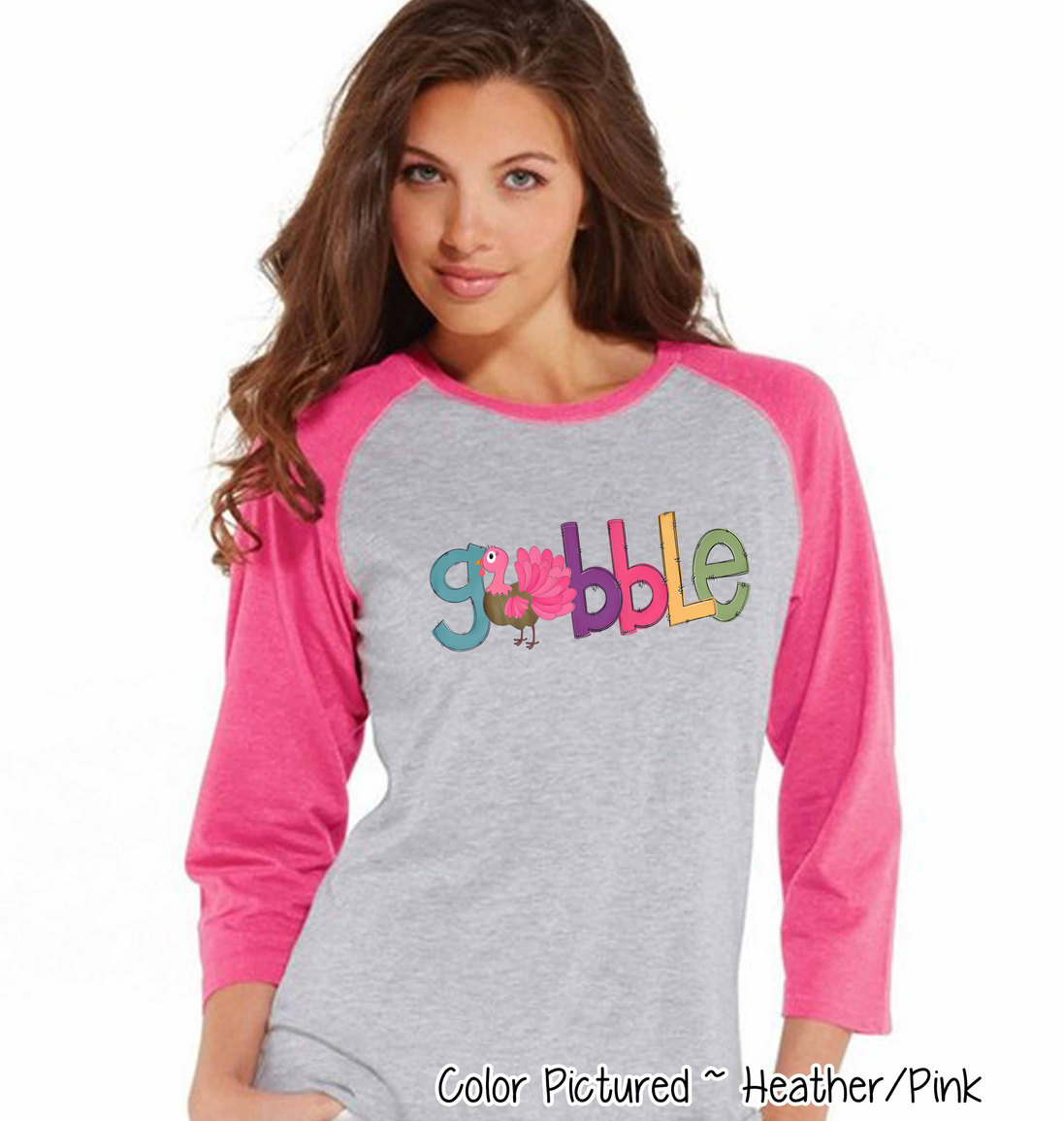 Pink, Purple, Turquoise Gobble with Turkey Raglan Tee