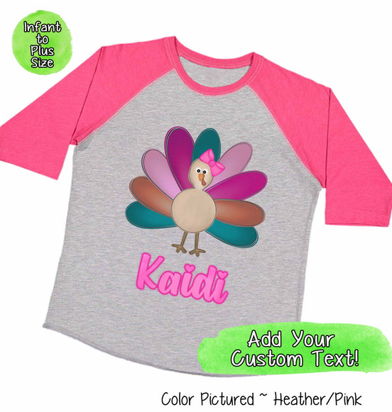 Personalized Girl Turkey Thanksgiving Raglan Tee