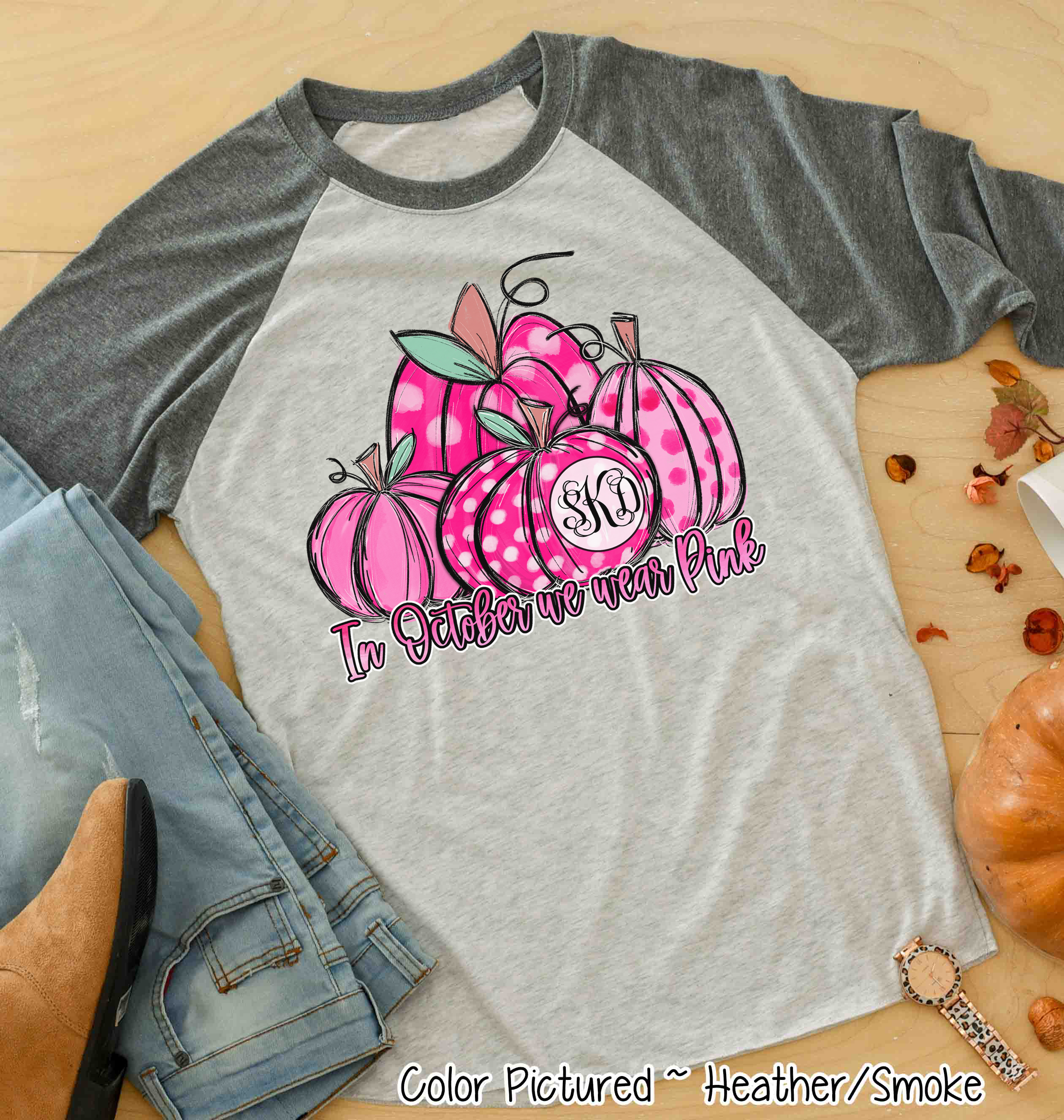 Pink Monogrammed Pumpkins ~ In October We Wear Pink ~ Breast Cancer Awareness Raglan Tee