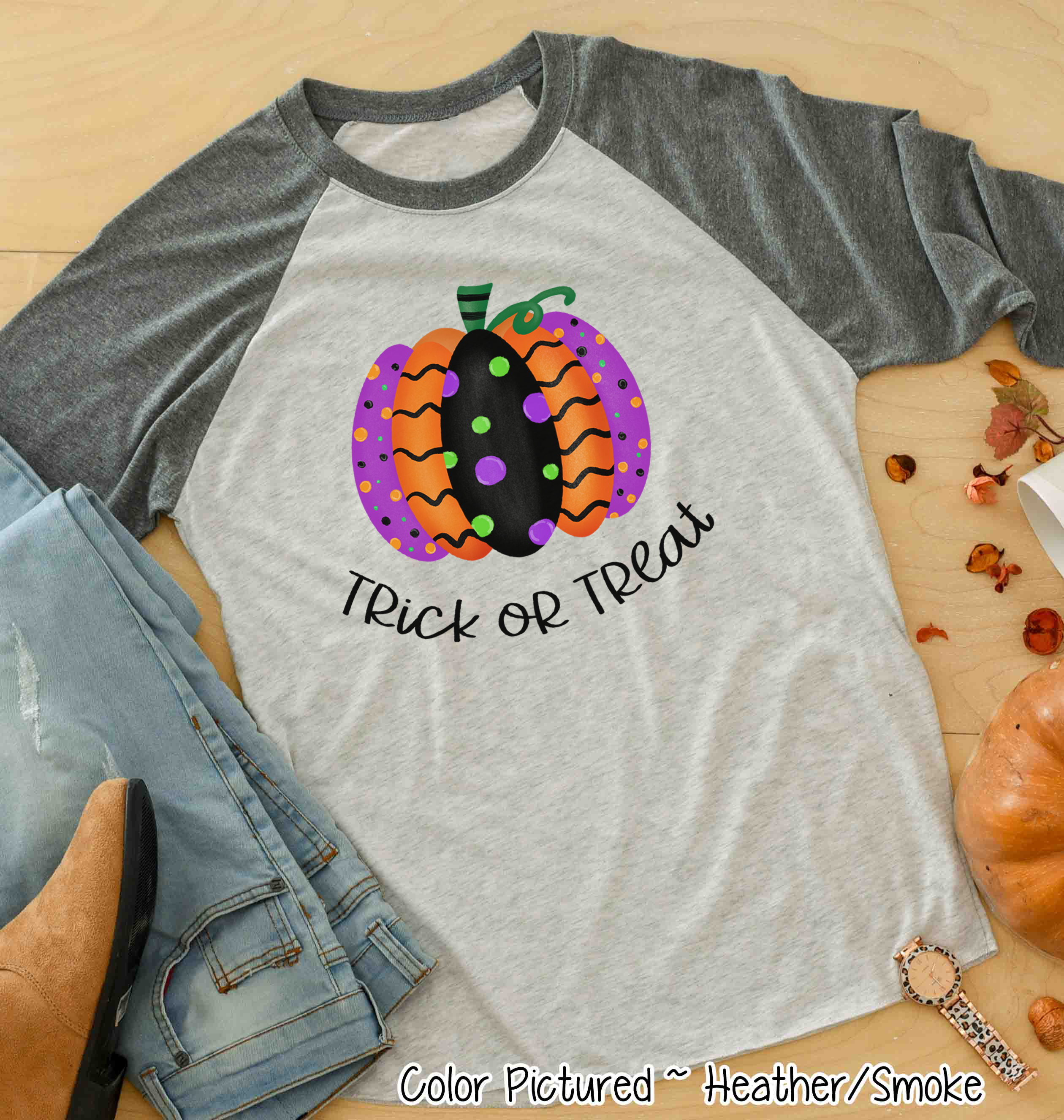 Halloween Fancy Pumpkin Trick or Treat Raglan Shirt