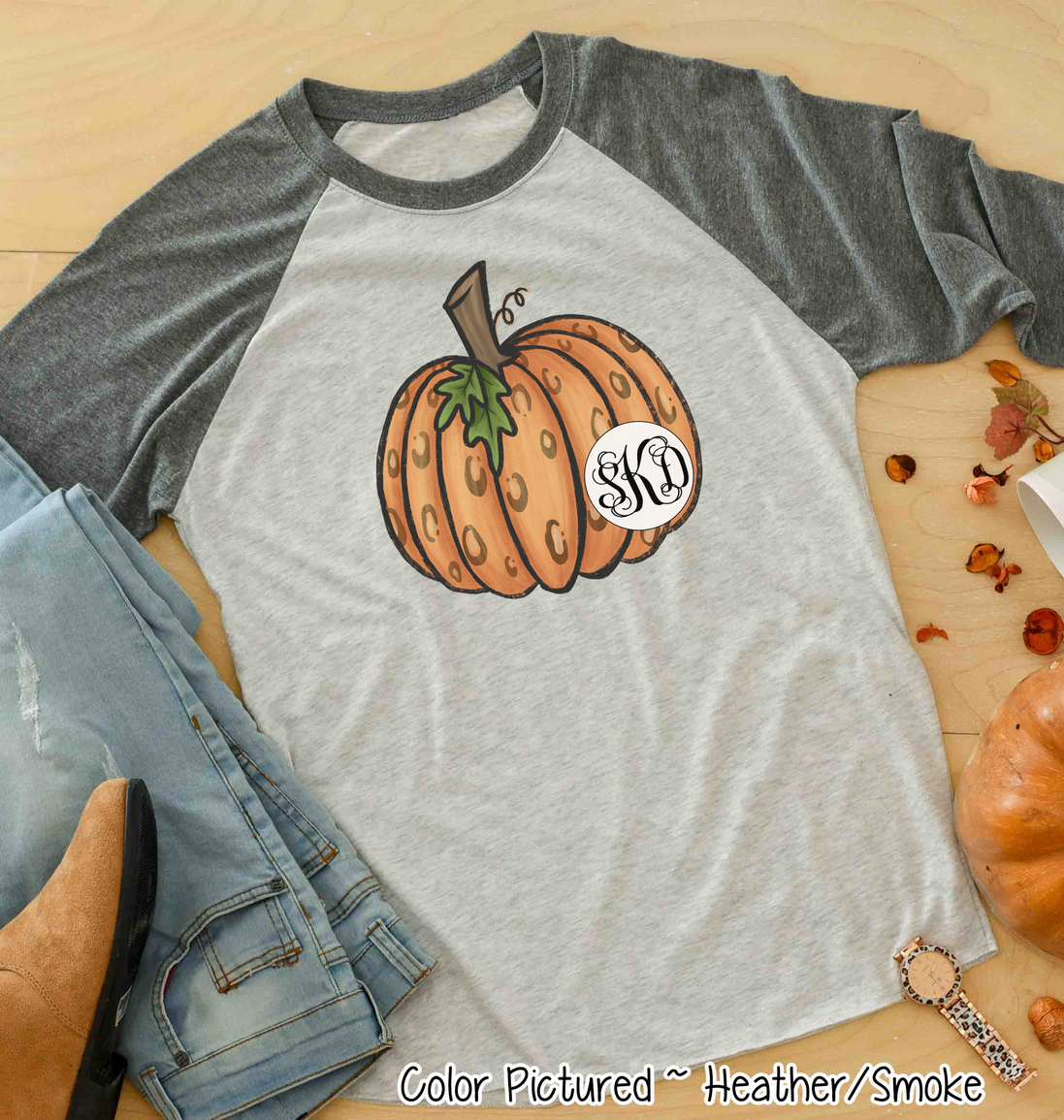Orange Leopard Pumpkin Monogram Raglan Tee