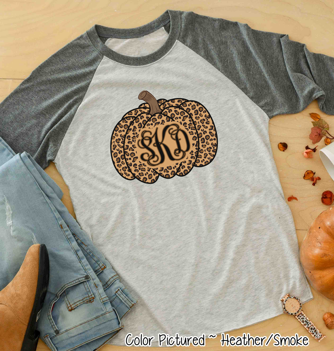 Leopard Monogram Pumpkin Fall Raglan Tee