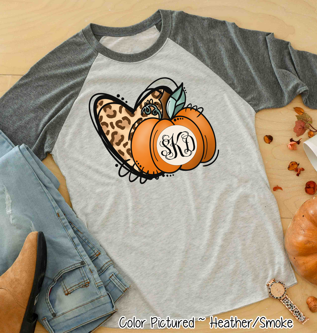 Leopard Heart and Fall Monogram Pumpkin Raglan Tee