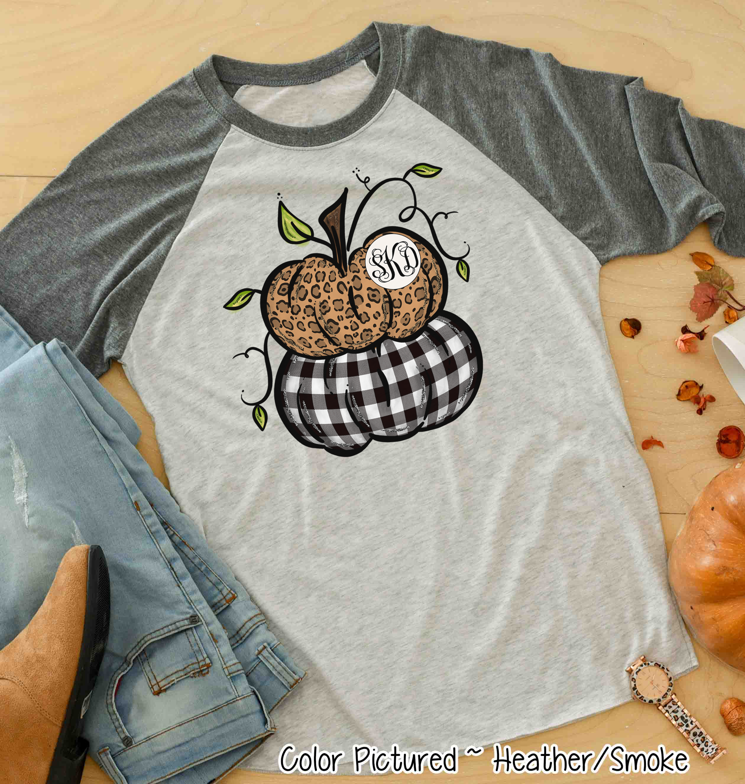 Leopard & Black Plaid Stacked Monogram Pumpkins Raglan Tee
