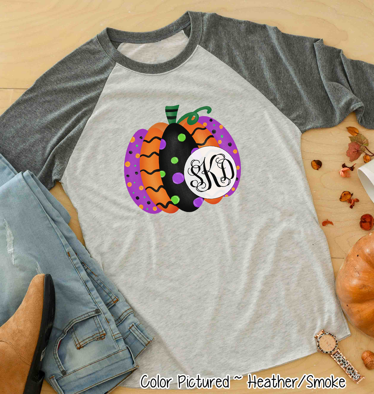 Monogrammed Colorful Halloween Pumpkin Raglan Shirt