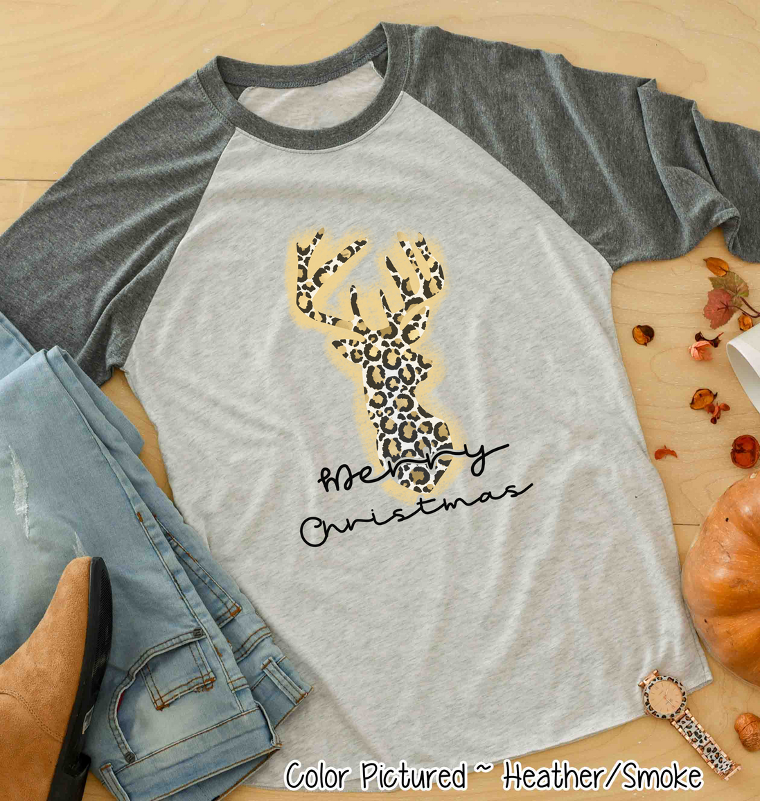 Leopard Print Reindeer Merry Christmas Raglan Tee