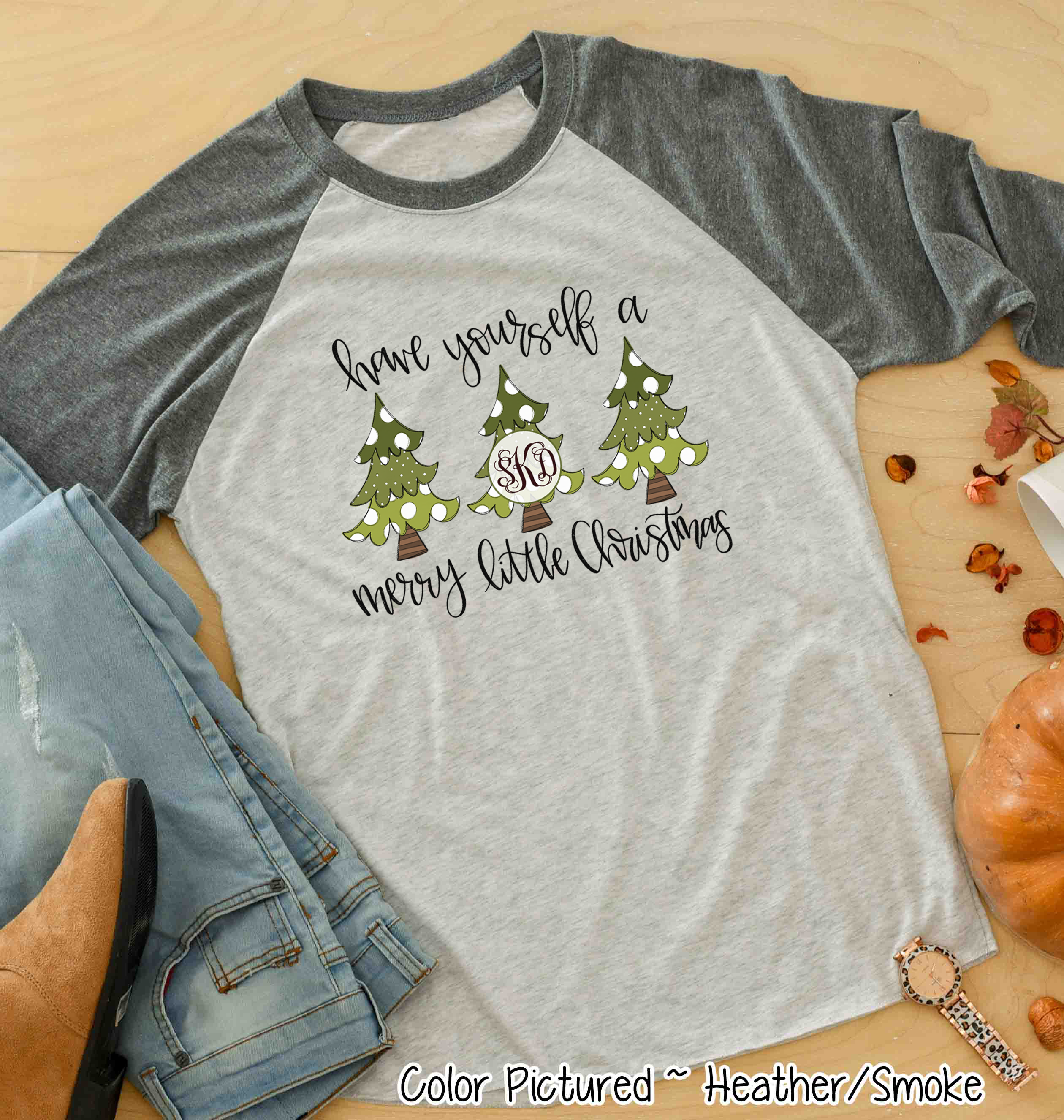 Monogrammed Have Yourself A Merry Little Christmas Tree Raglan Tee