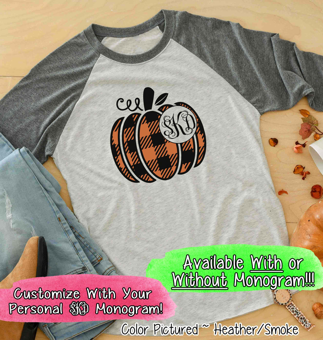 Orange & Black Plaid Monogram Pumpkin Raglan Tee