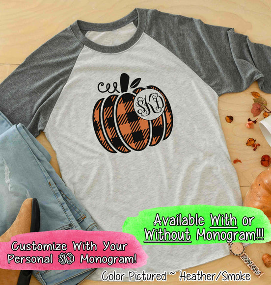 Orange & Black Plaid Monogram Pumpkin Raglan Tee