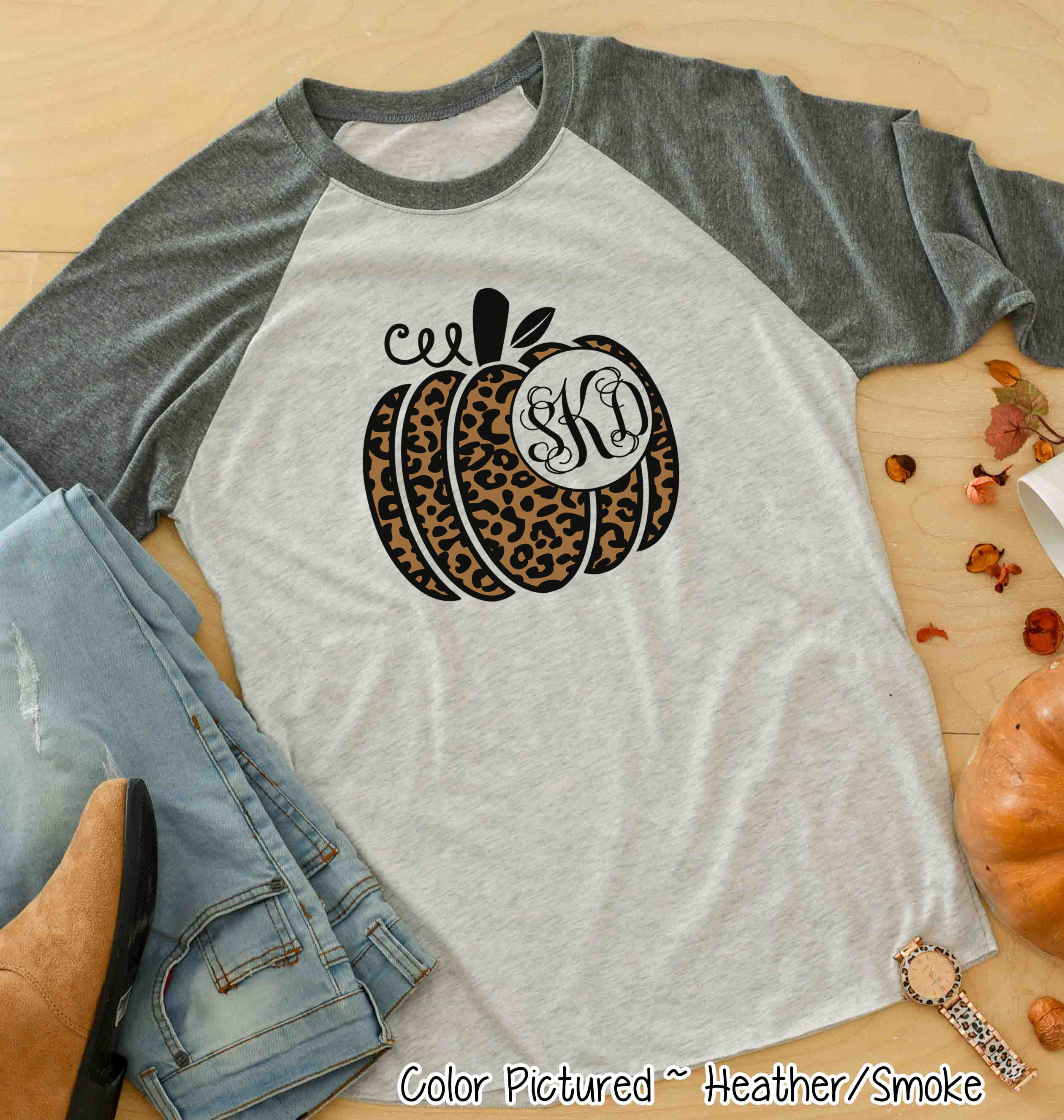 Leopard Pumpkin Monogram Raglan Tee