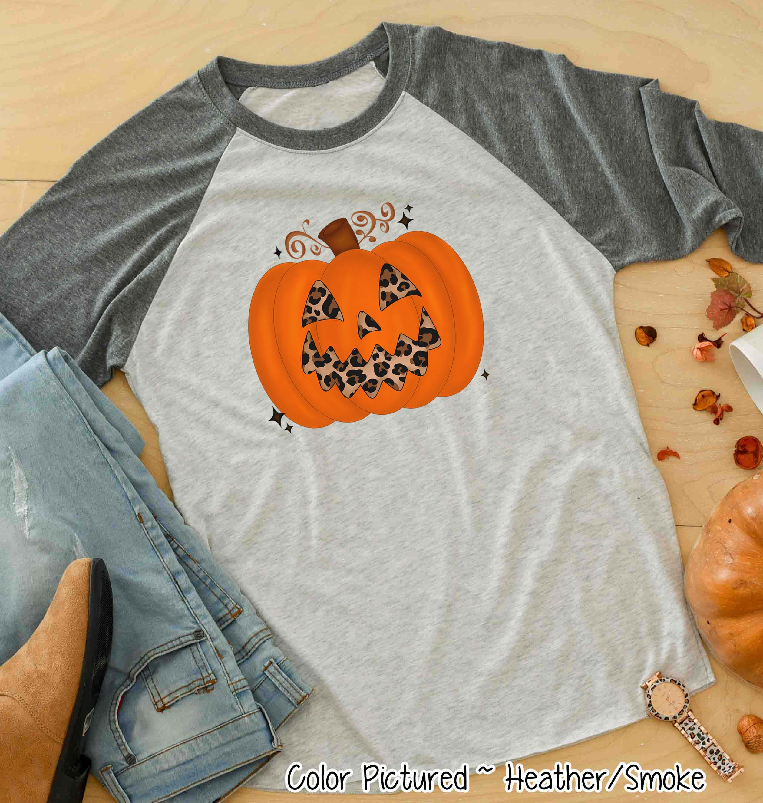 Leopard Pumpkin Halloween Raglan Tee