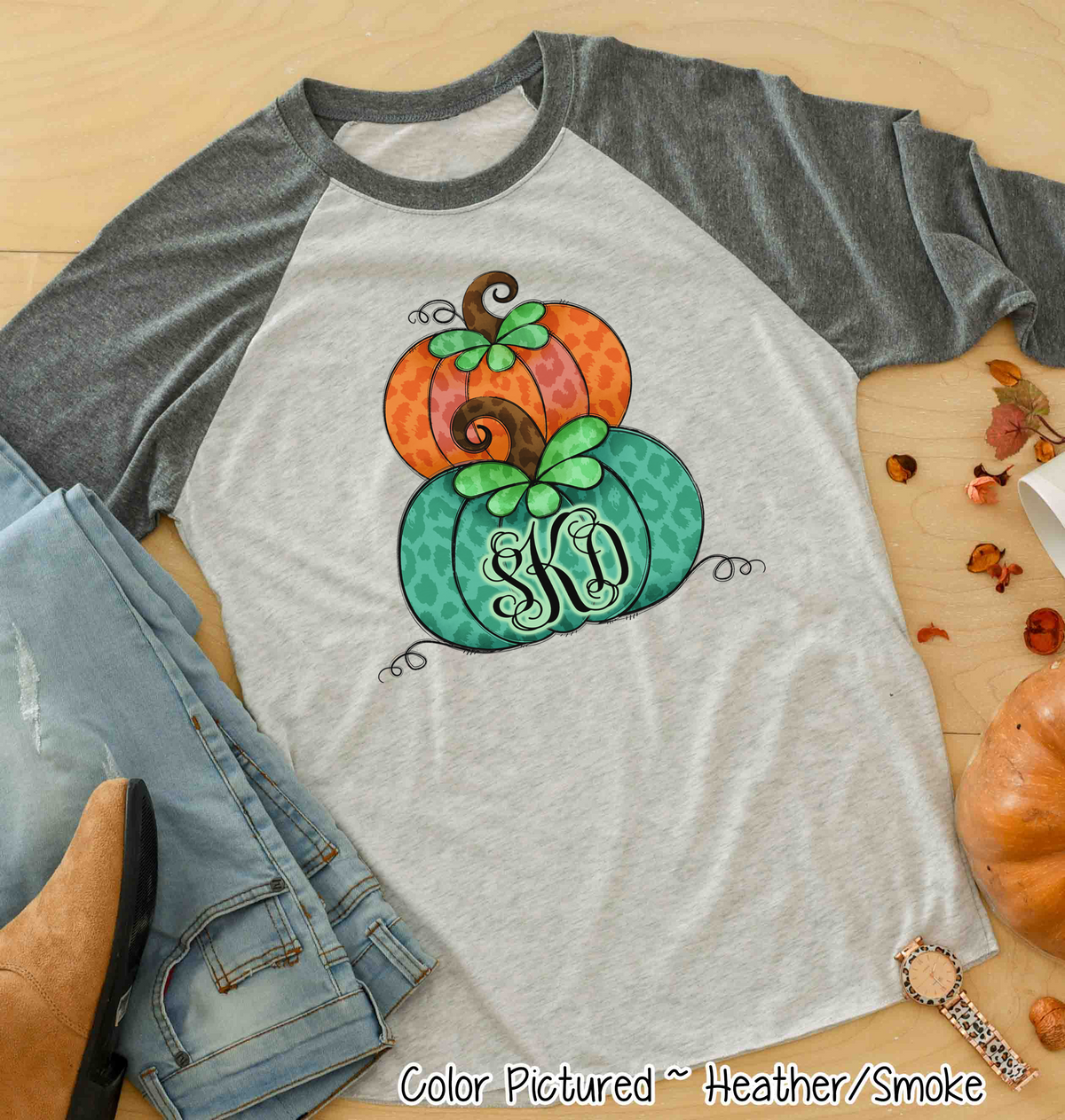 Orange & Green Leopard Stacked Pumpkin Monogram Raglan Tee