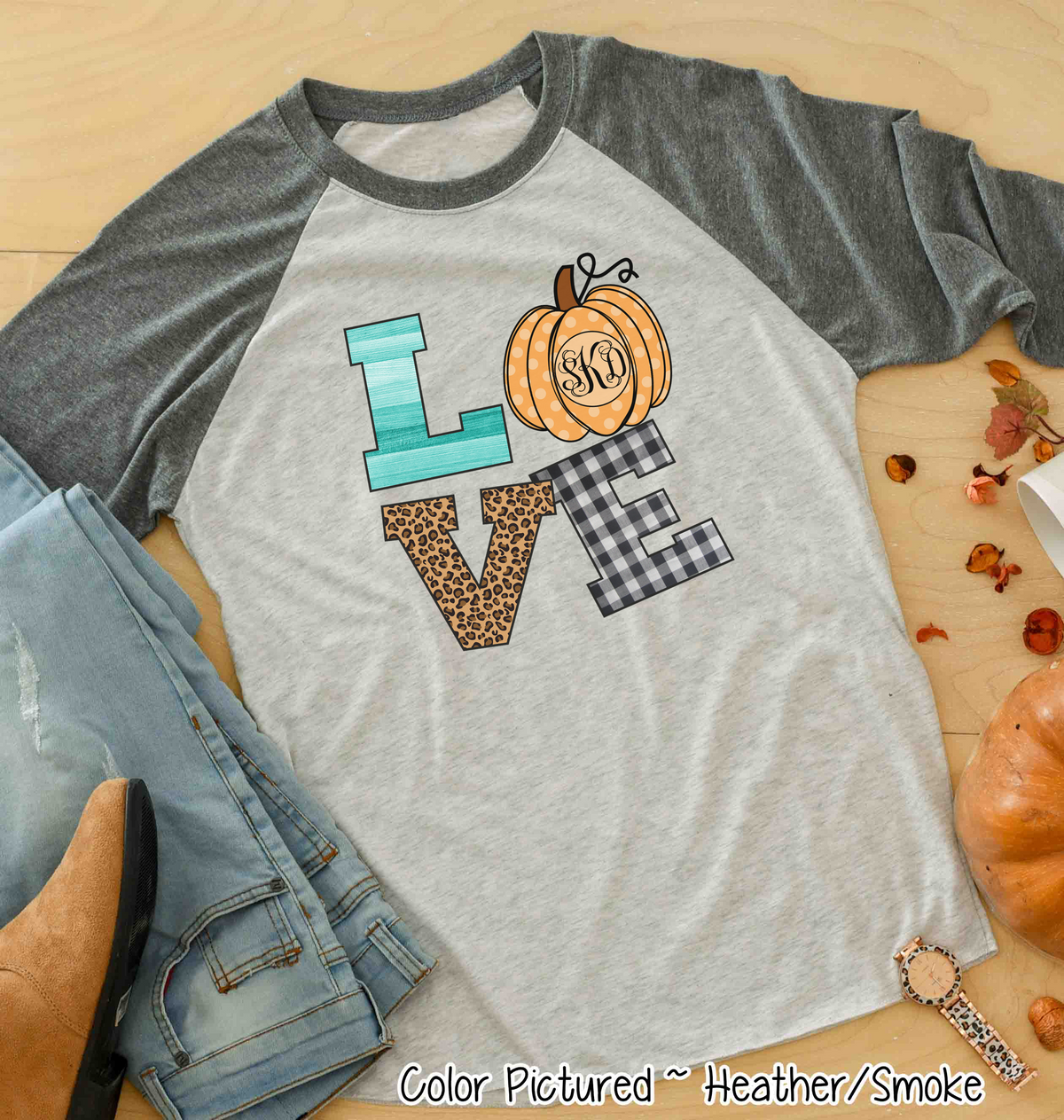 LOVE Pumpkin Monogram Fall Raglan Tee