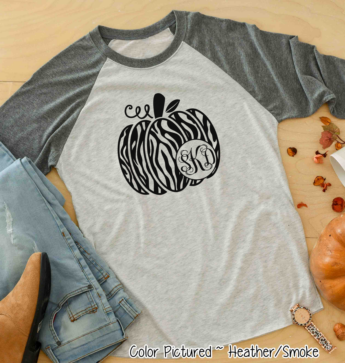 Monogram Zebra Print Fall Pumpkin Raglan Tee