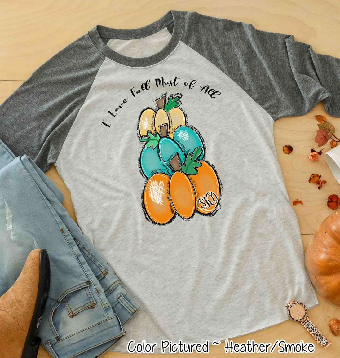 I Love Fall Stack of Monogram Pumpkins Raglan Tee