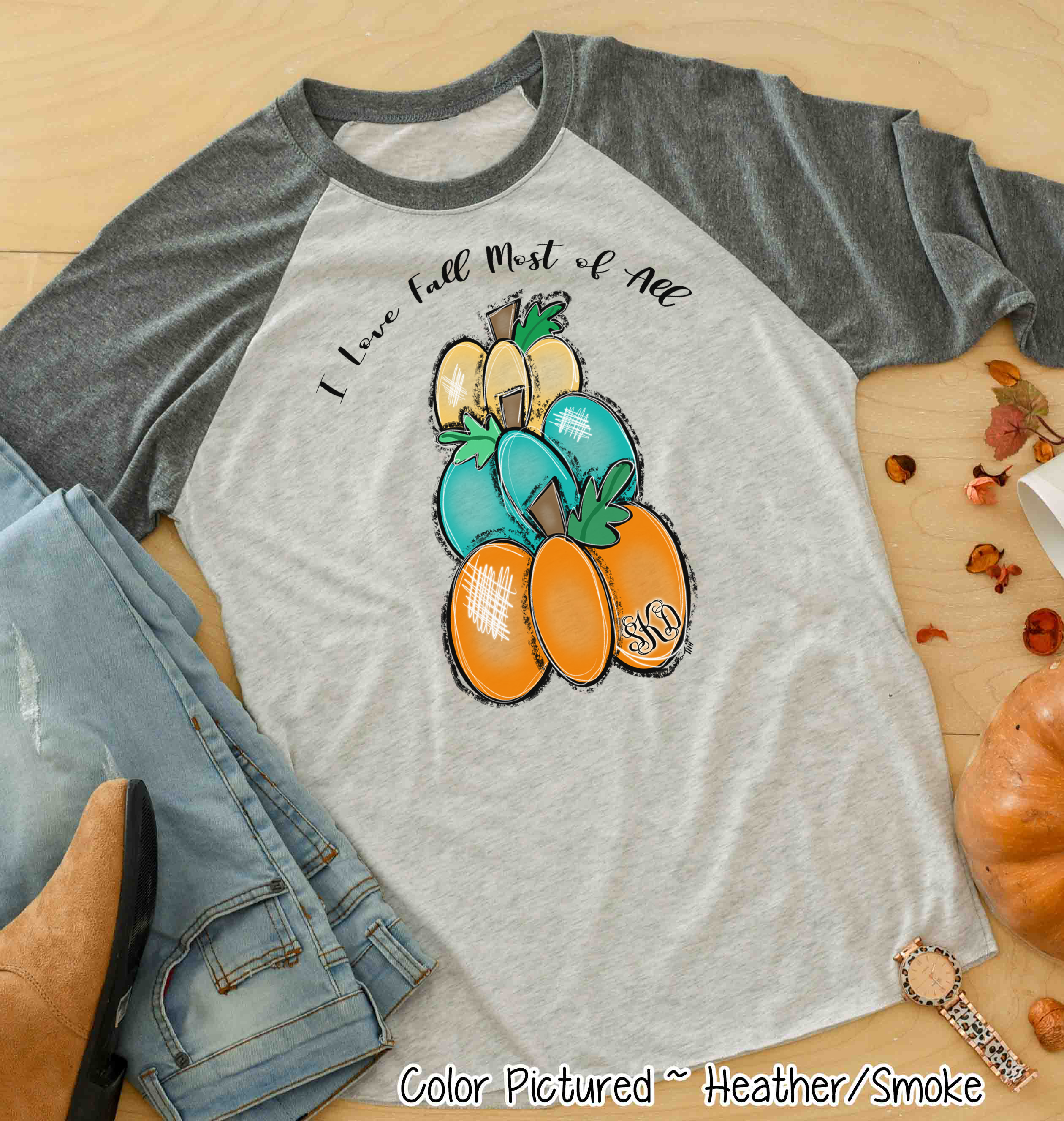 I Love Fall Stack of Monogram Pumpkins Raglan Tee