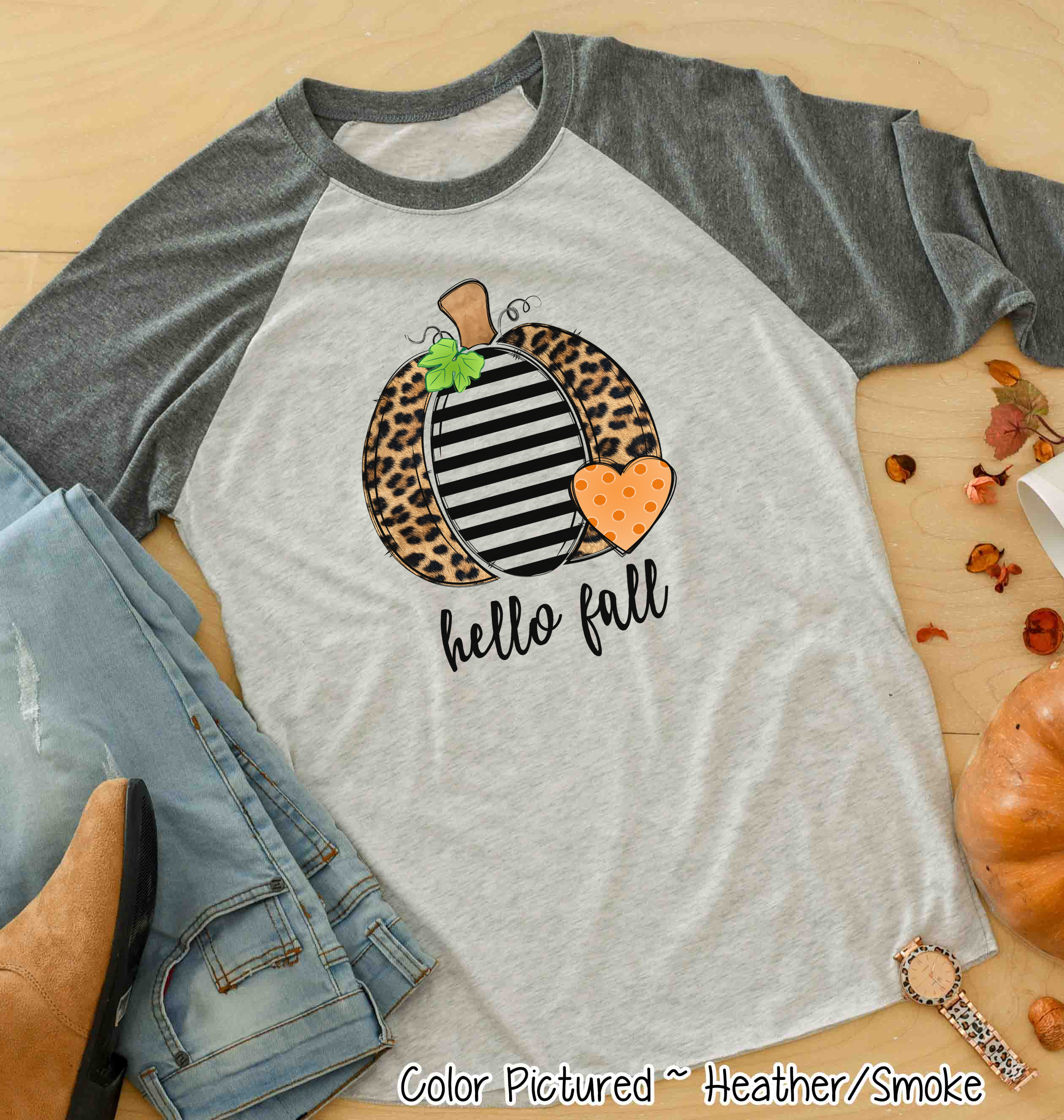Hello Fall Leopard Print Pumpkin Fall Raglan Shirt