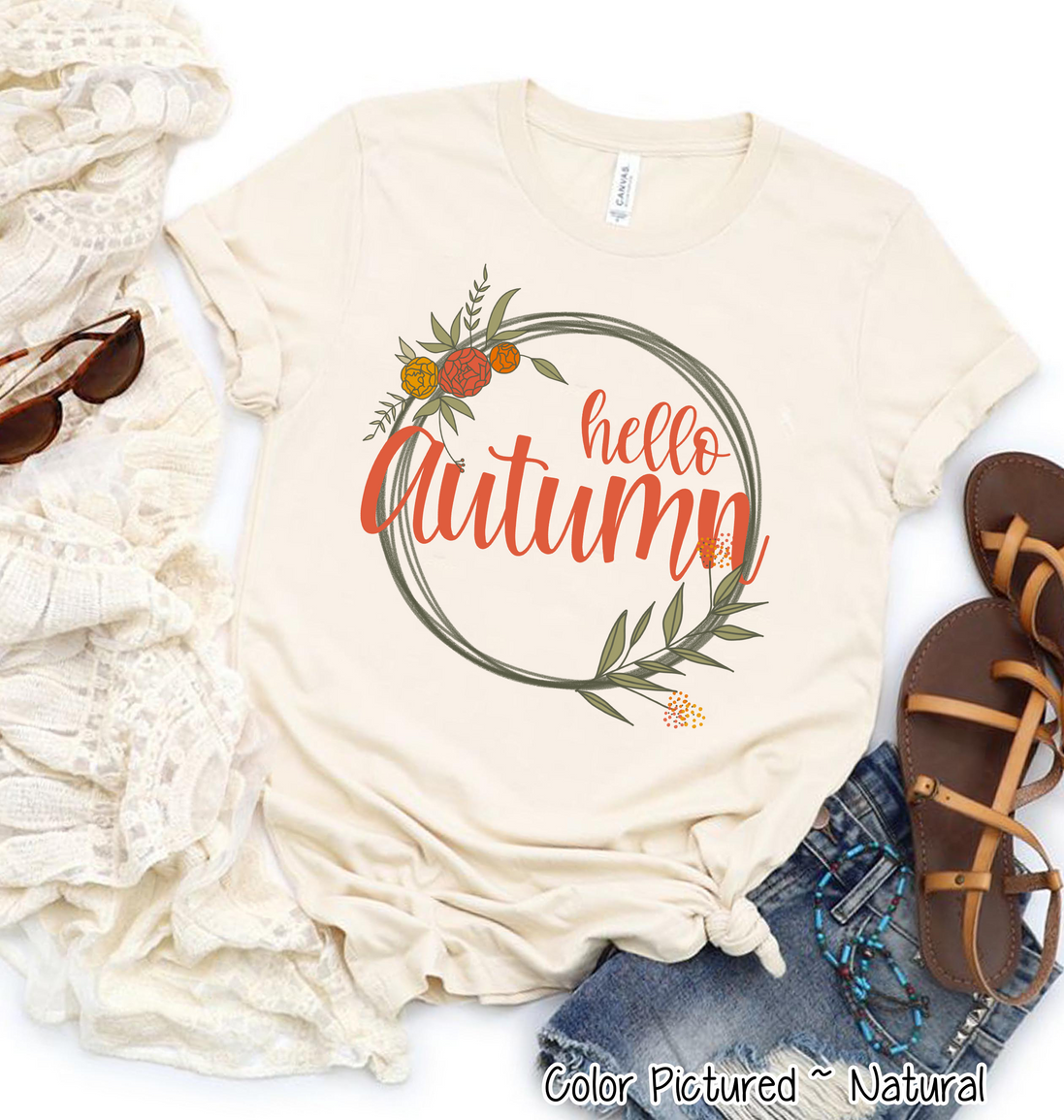 Hello Autumn Fall Floral Wreath Tee