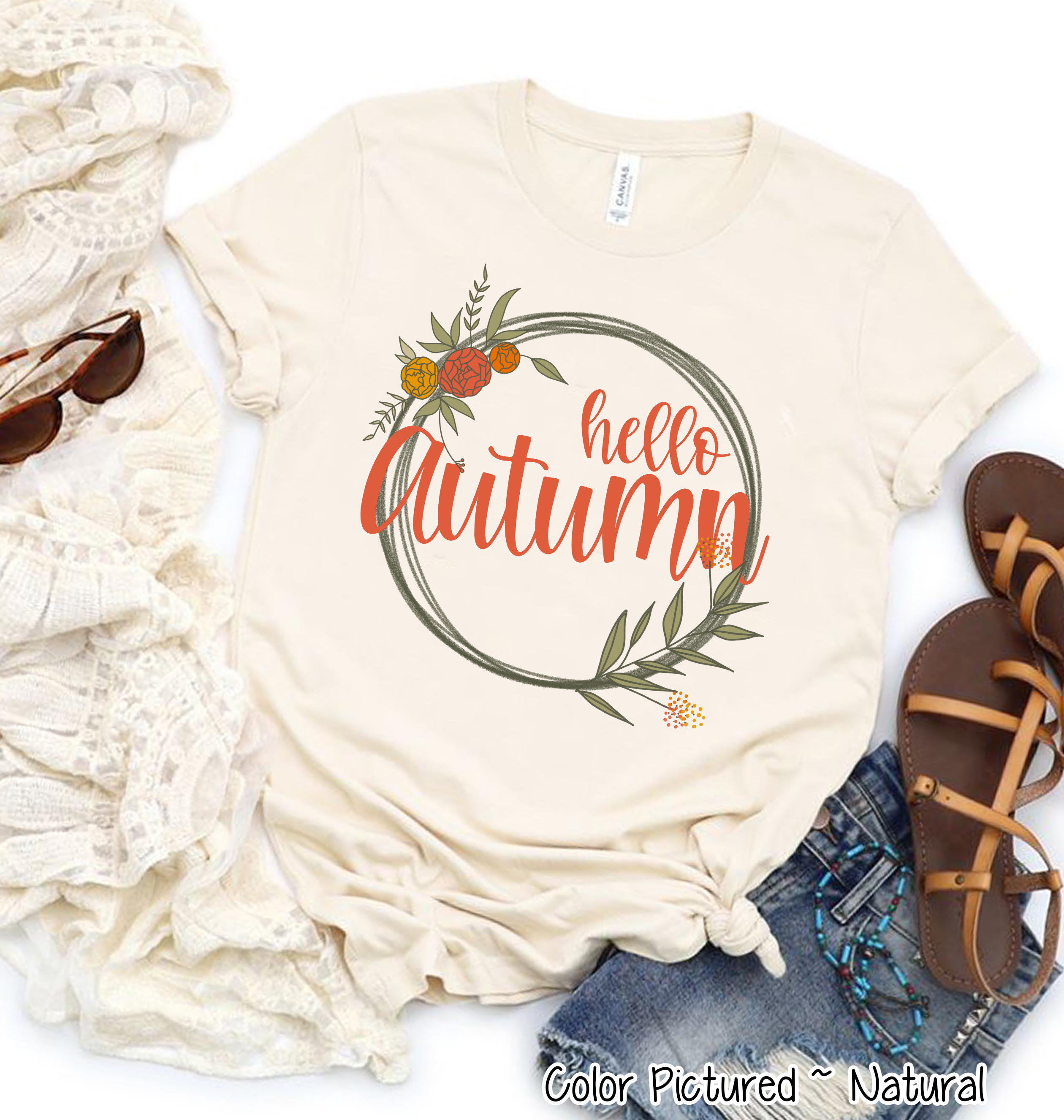 Hello Autumn Fall Floral Wreath Tee