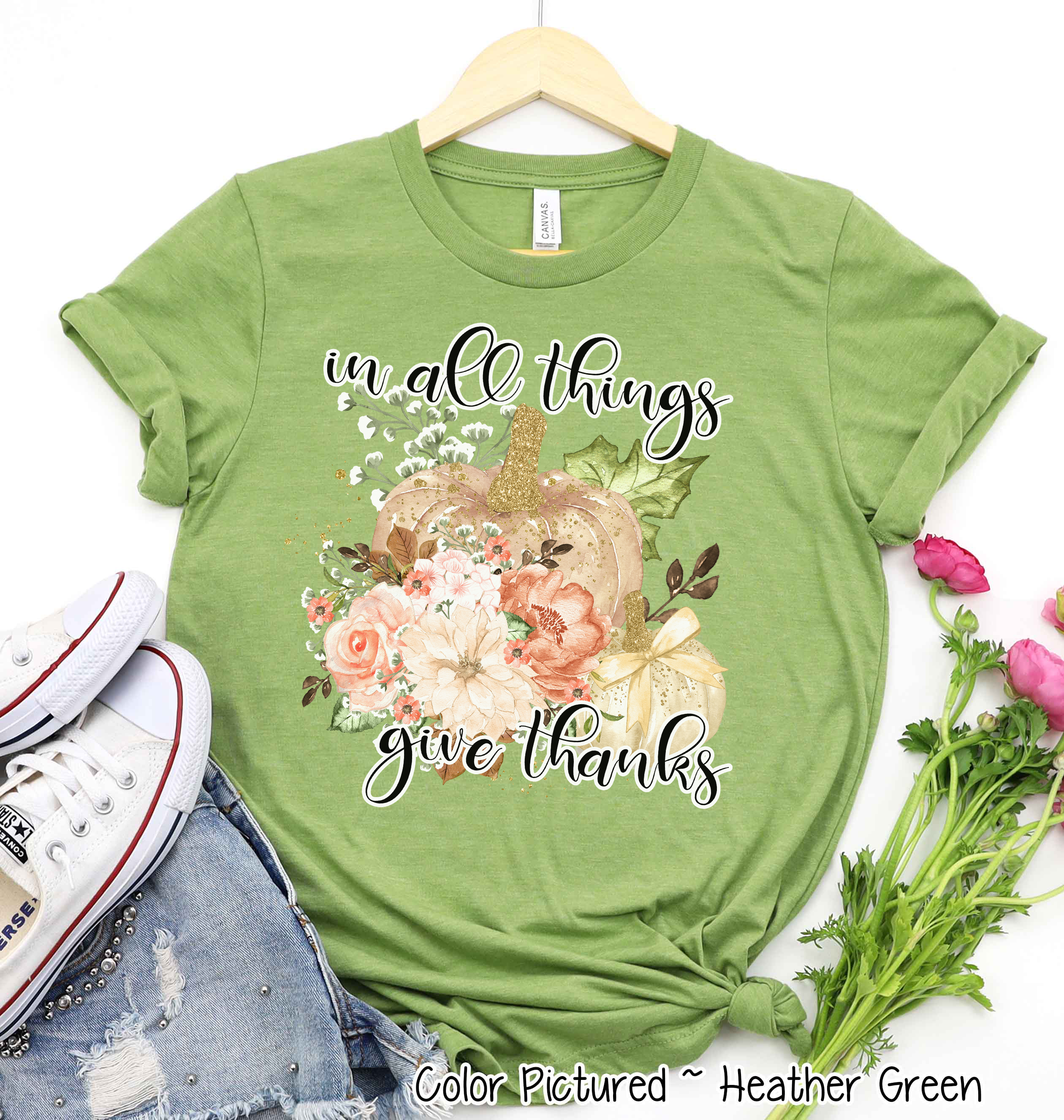 In All Things Give Thanks Pink Floral Pumpkin Tee