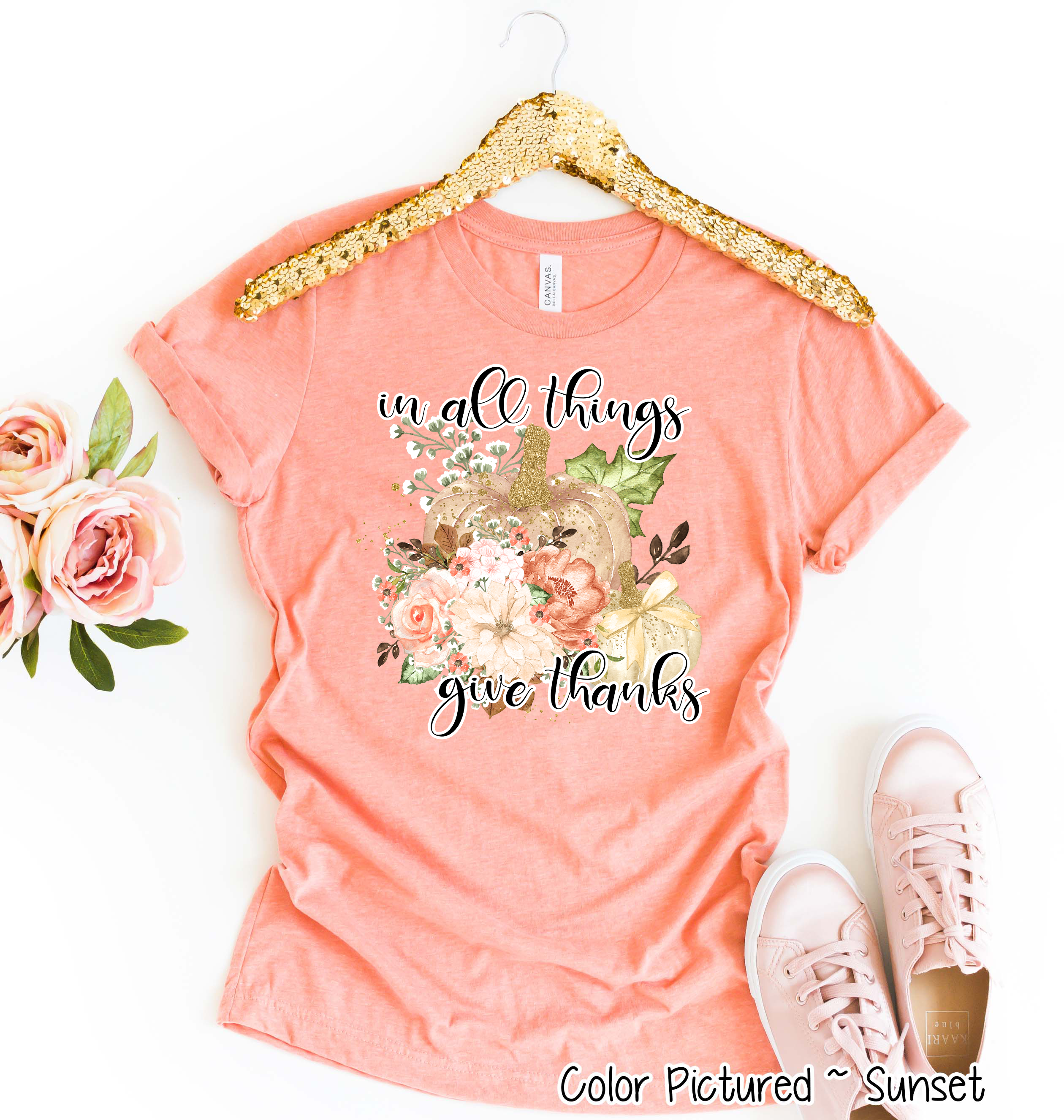In All Things Give Thanks Pink Floral Pumpkin Tee