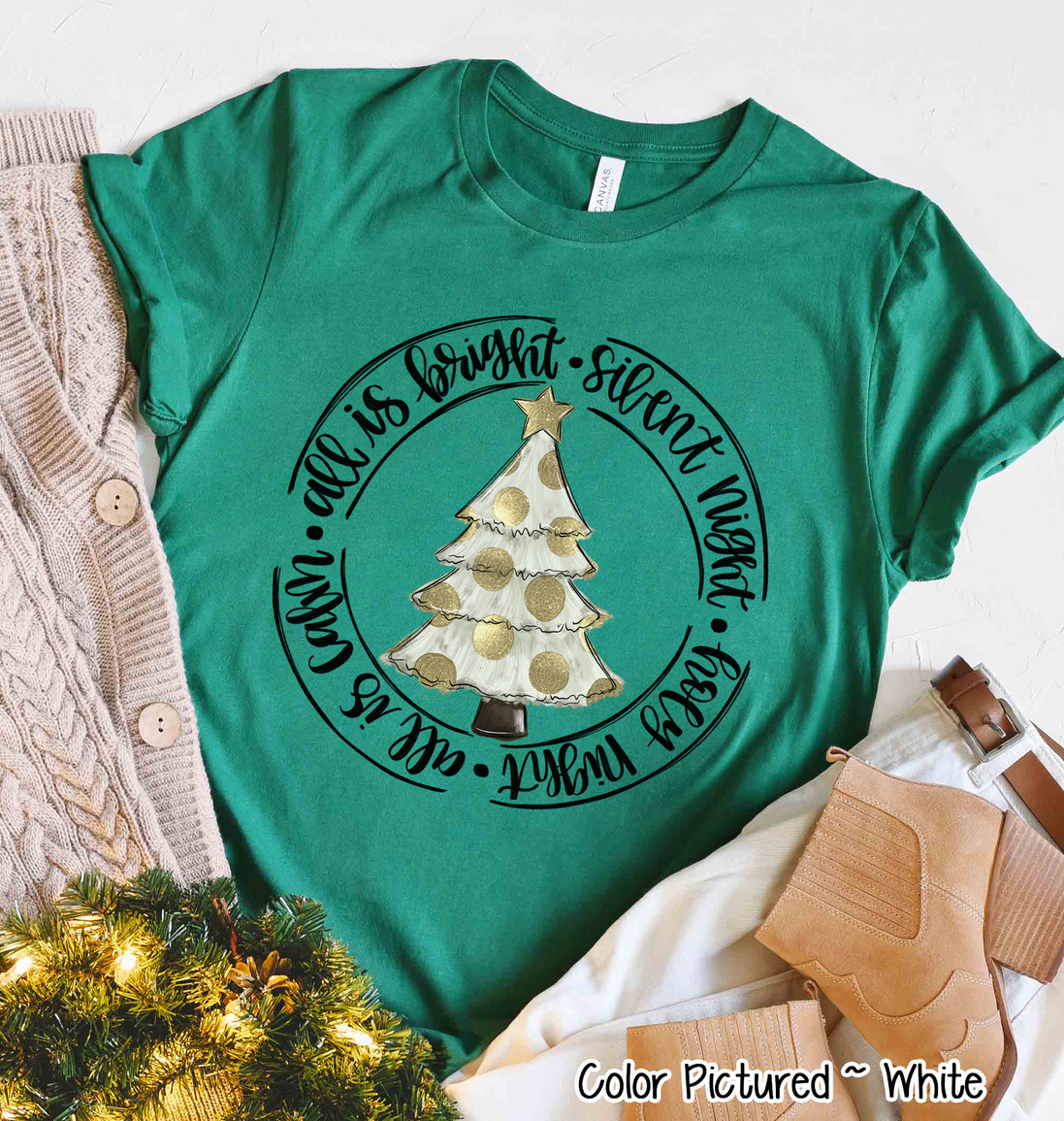Silent Night White & Gold Dot Christmas Tree Tee