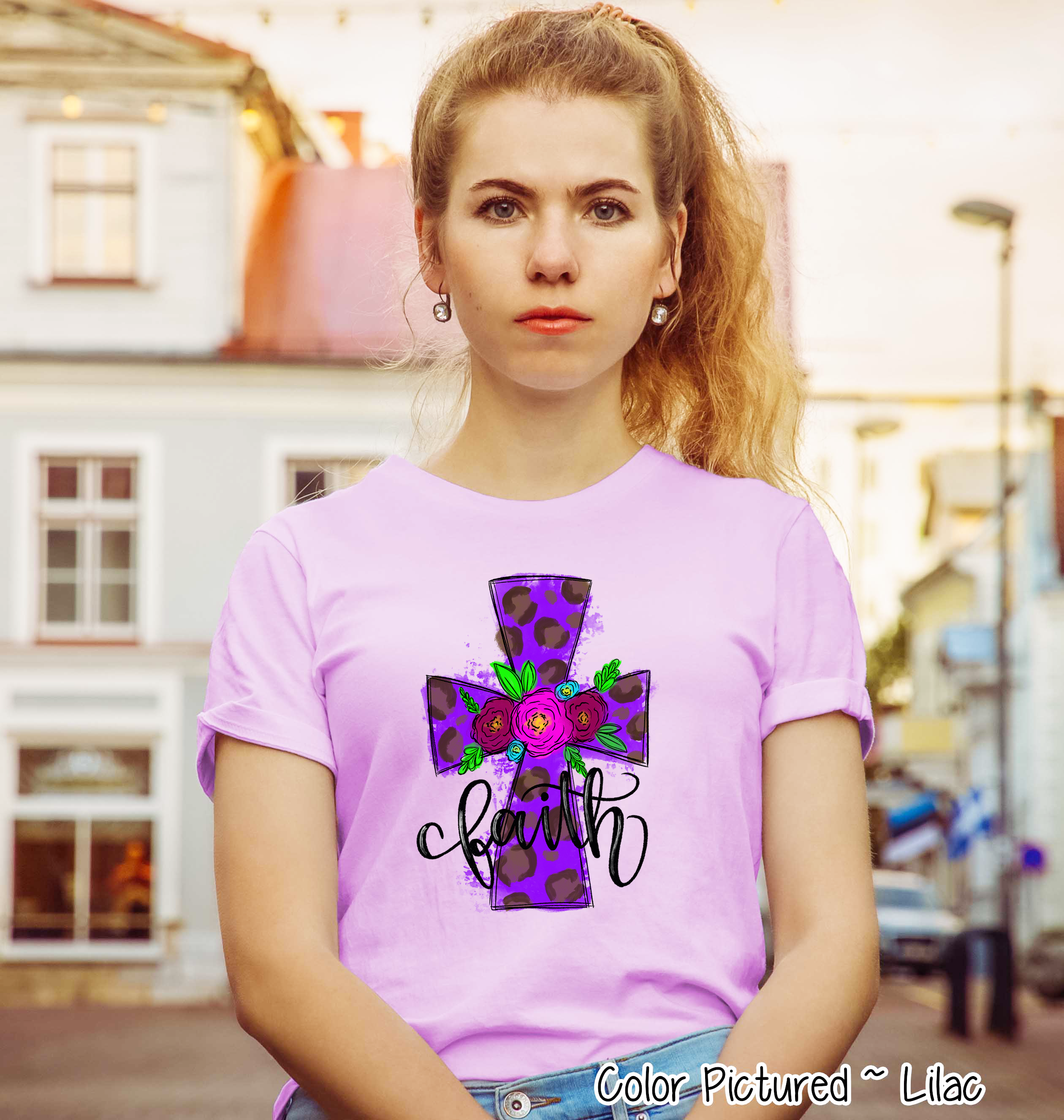 Purple Leopard Watercolor Faith Cross Easter Tee