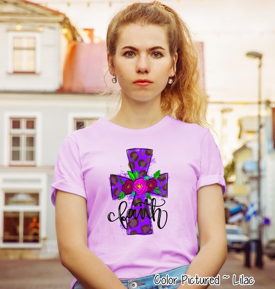 Purple Leopard Watercolor Faith Cross Easter Tee