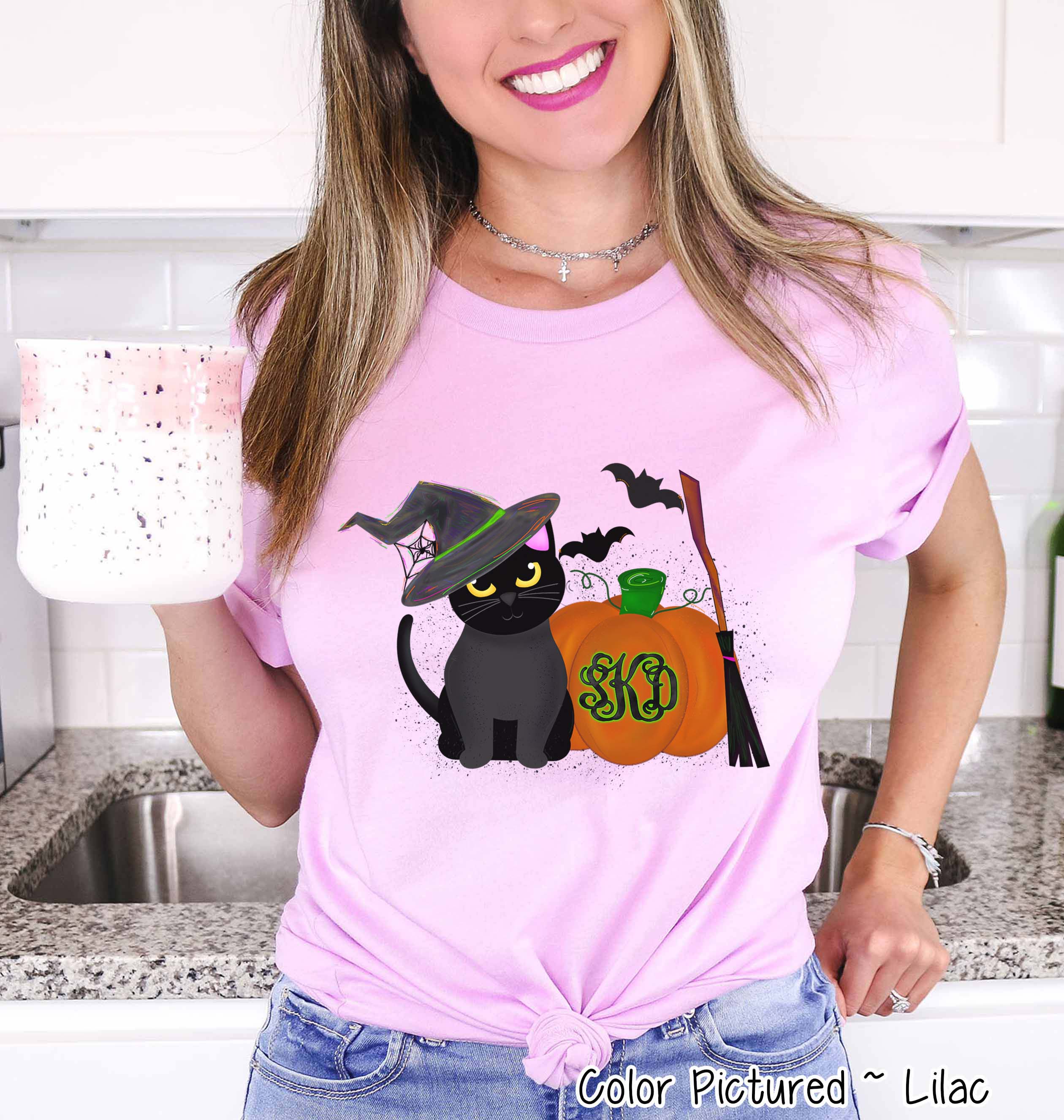 Monogram Black Cat & Pumpkin Halloween Tee