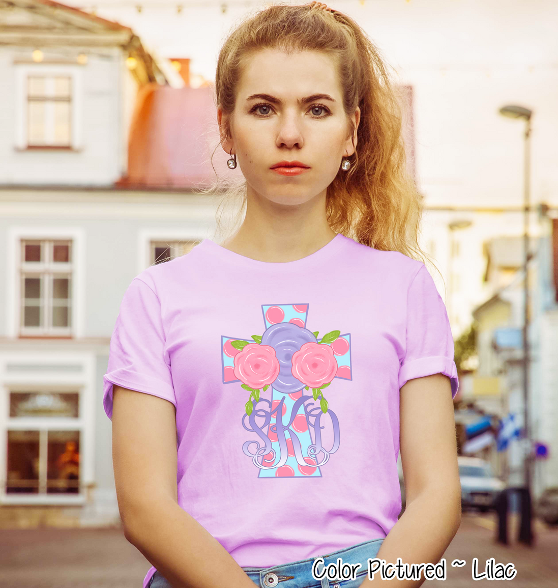 Monogram Pink Polka Dot Easter Cross Tee