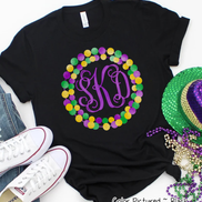 Monogram Mardi Gras Beads Wreath Tee