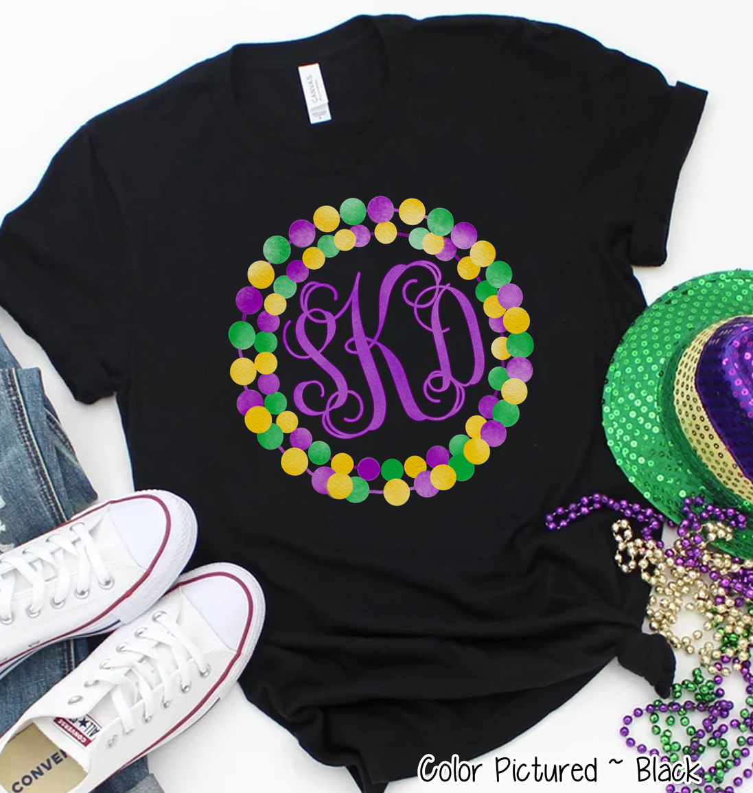 Monogram Mardi Gras Beads Wreath Tee