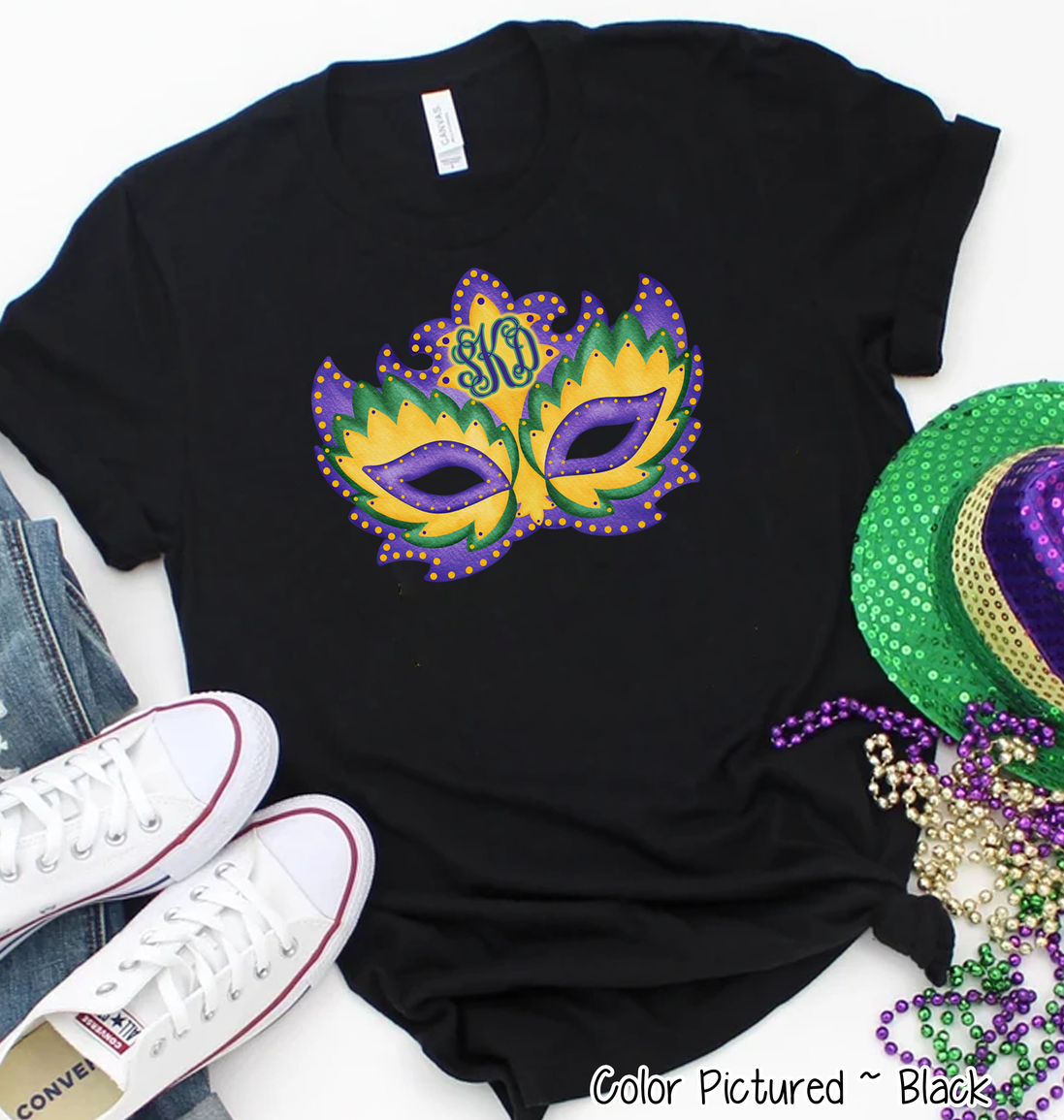 Monogram Watercolor Mardi Gras Mask Tee