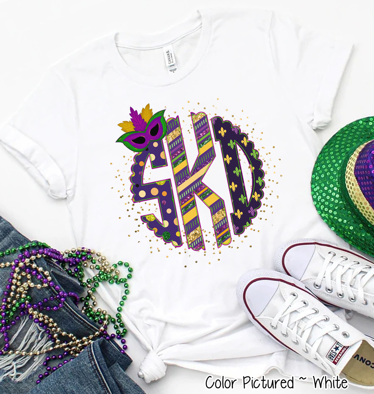 Big Monogram Mardi Gras Print with Mask Accent Tee
