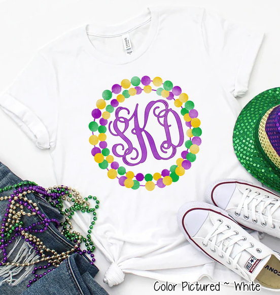Monogram Mardi Gras Beads Wreath Tee