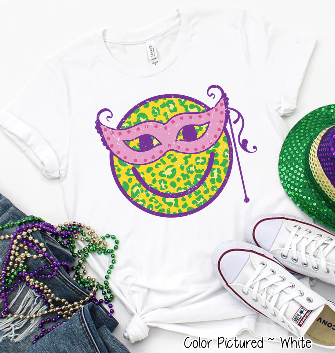 Masked Smiley Face Mardi Gras Tee