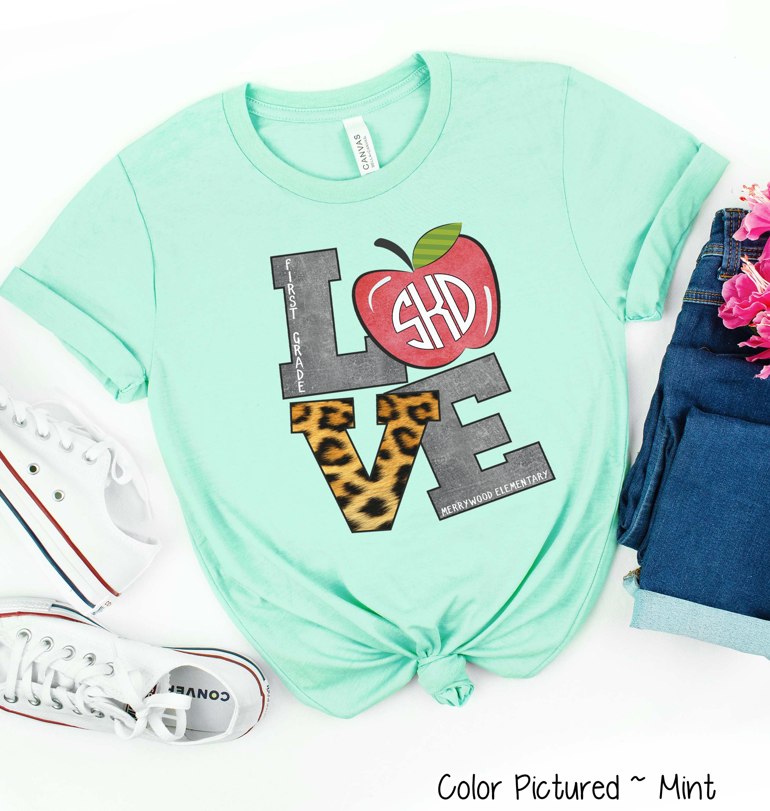 Monogram LOVE Leopard Print with Custom Text & Grade  Tee